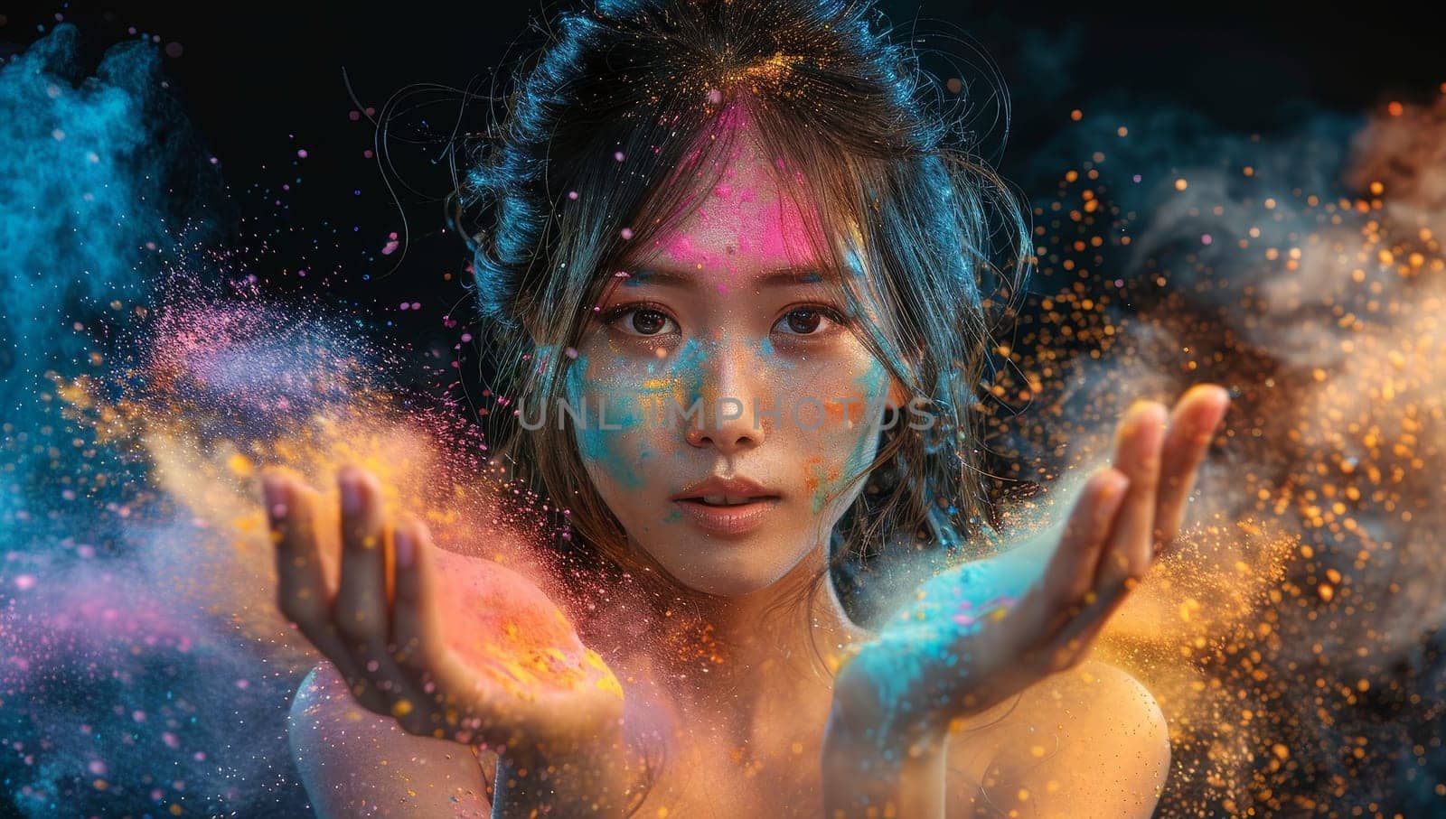 Portrait of a beautiful young asian woman with colored powder on her face