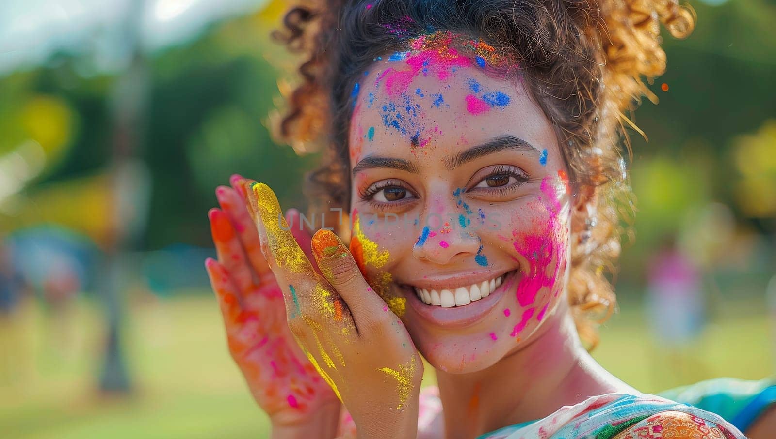 Portrait of happy young indian woman with holi powder on her face.