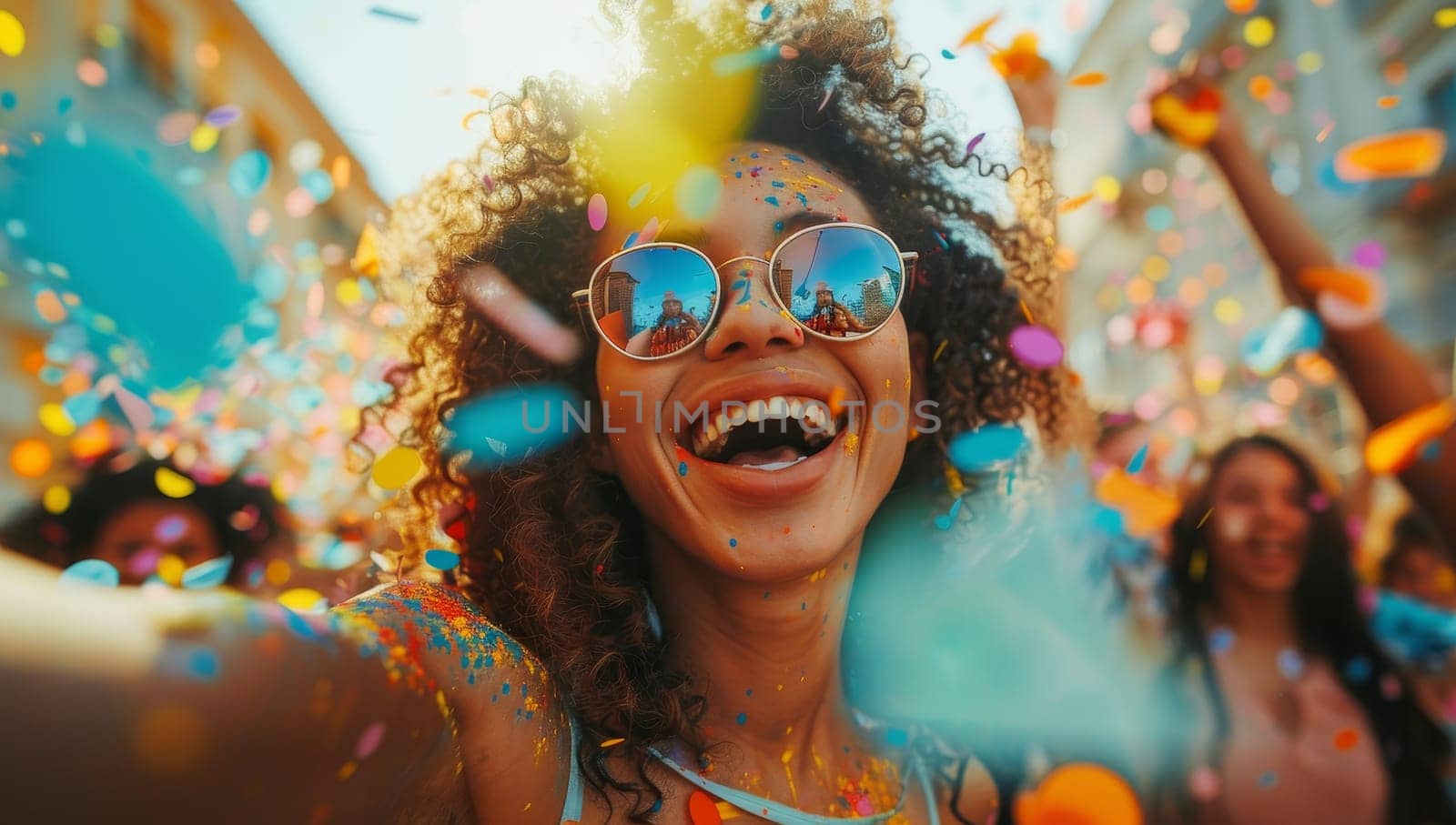 Happy young woman taking selfie with confetti in the city