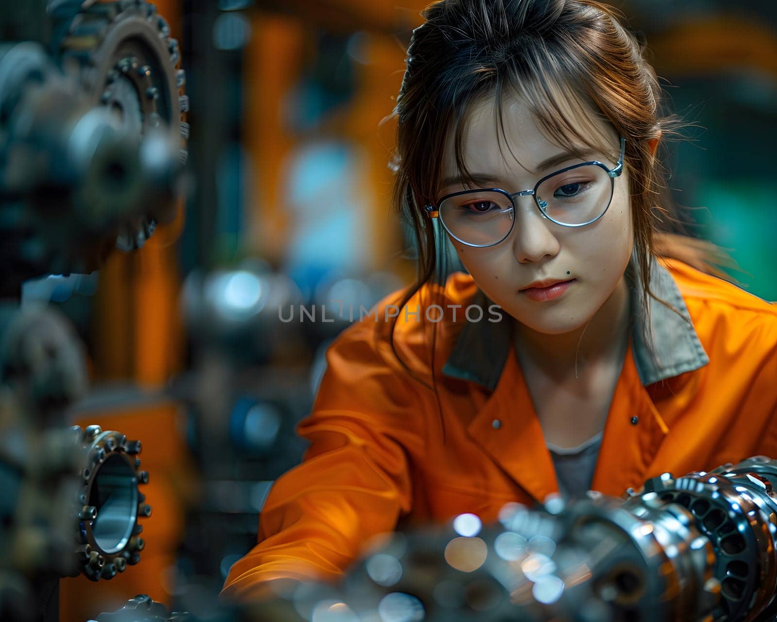 Illustration of a young woman wearing a uniform and safety glasses. Working with machines can use to make campaign posters protect safety, background presenting about the equality of women's rights.
