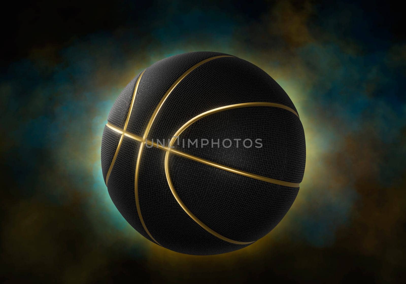 Black basketball closeup with golden lines high quality on black background with smoke
