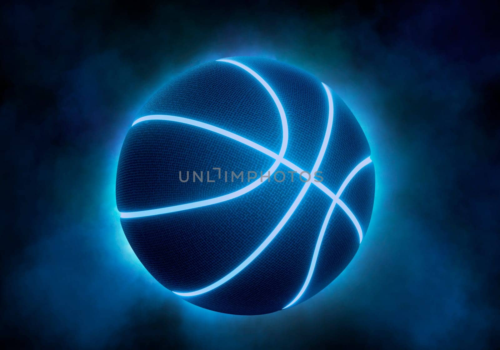 black basketball with bright blue glowing neon lines on black background with smoke