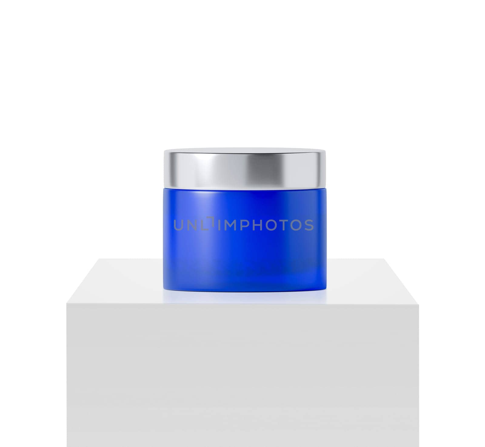 blue jar beauty cream container on podium white square