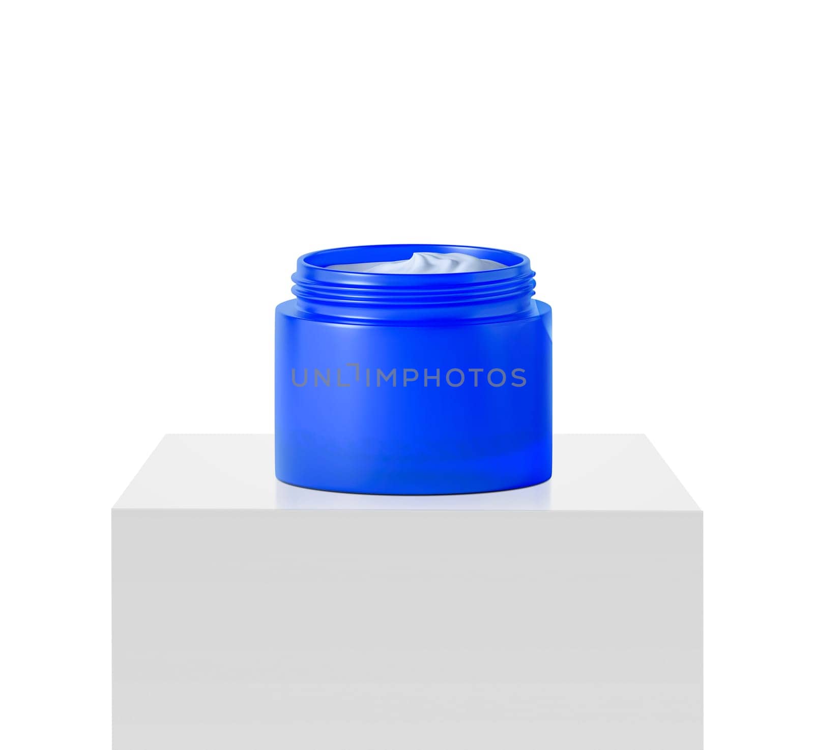 blue jar beauty cream container on podium white square