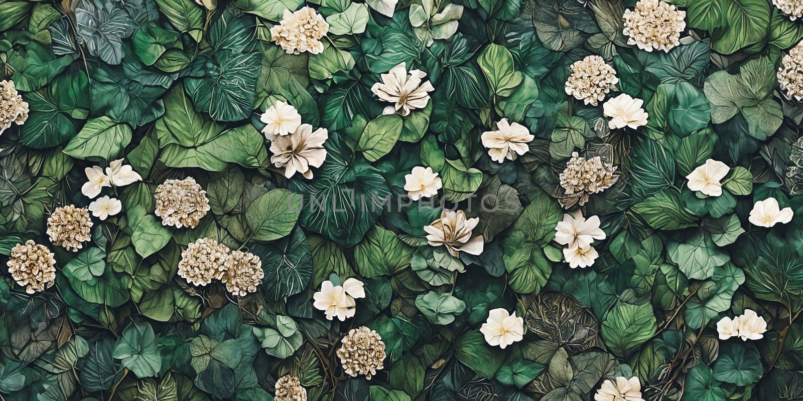 Flowers and lush plants intertwine, painting a breathtaking scene of natural beauty . Generative AI.
