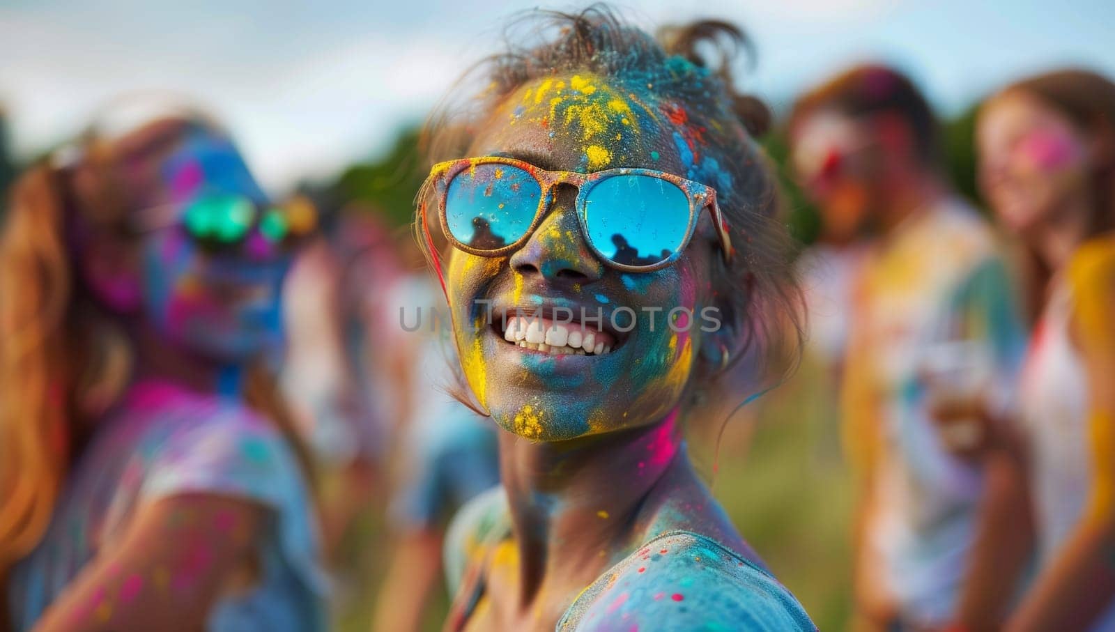 Happy young woman with color powder on her face at holi festival