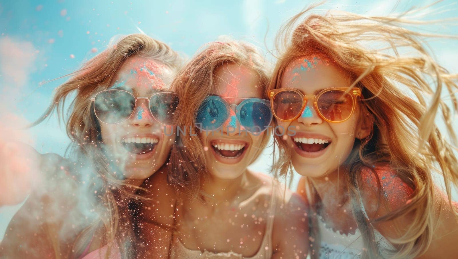 Group of friends having fun at the beach with holi powder.