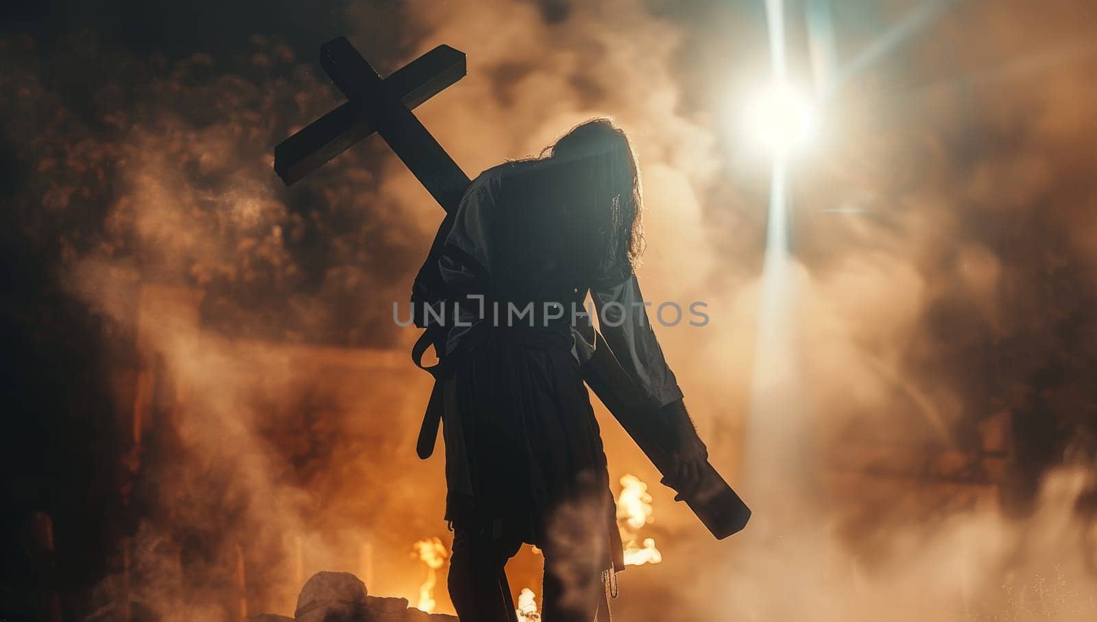 Man Carrying Cross Through Fire and Smoke