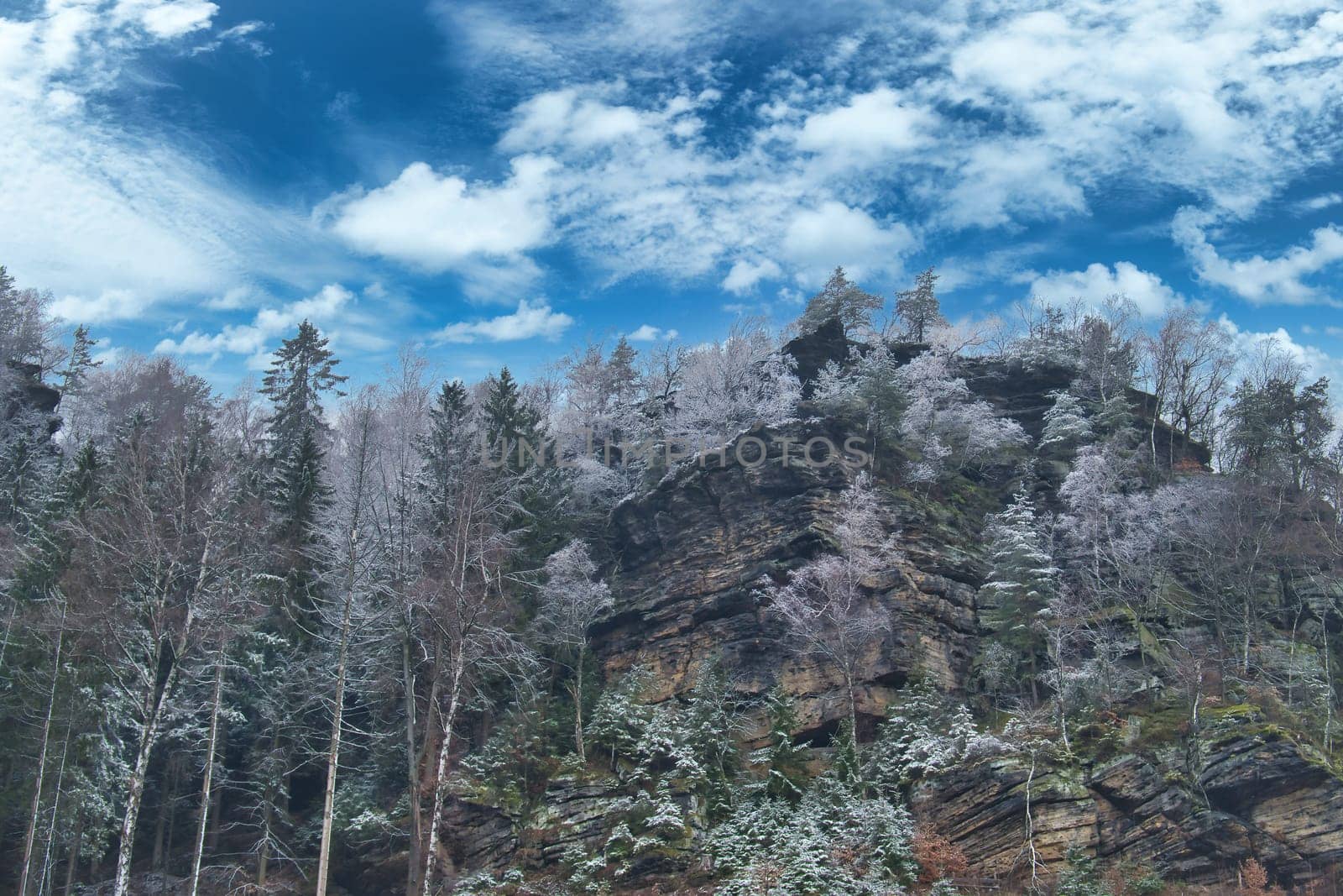 View of the great Zschirnstein with snow-covered trees and sunrise in fog, on the summit, during a hike. From the nature park in the Elbe Sandstone Mountains. Landscape from things in Germany