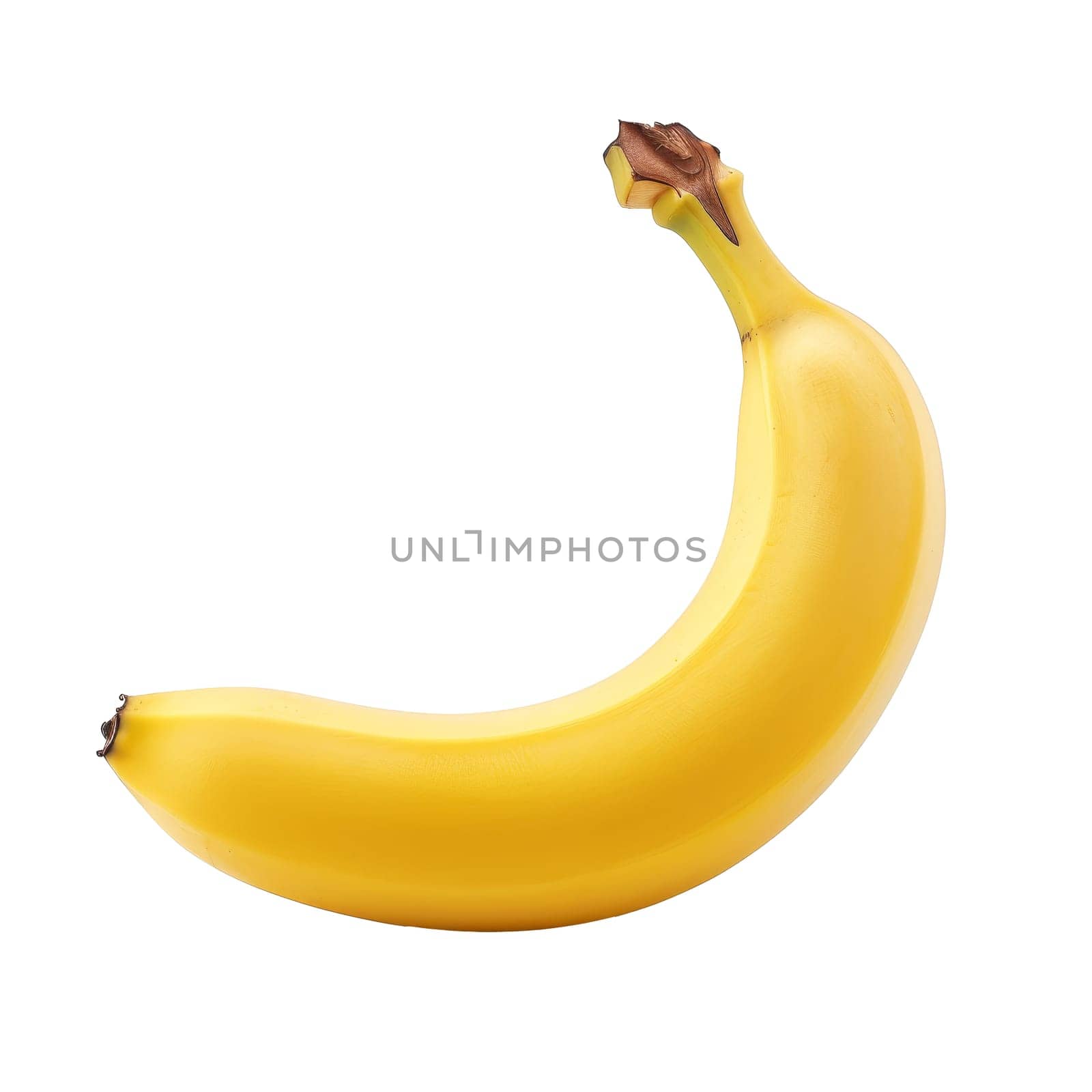 A ripe banana with small brown spots isolated on a transparent white background