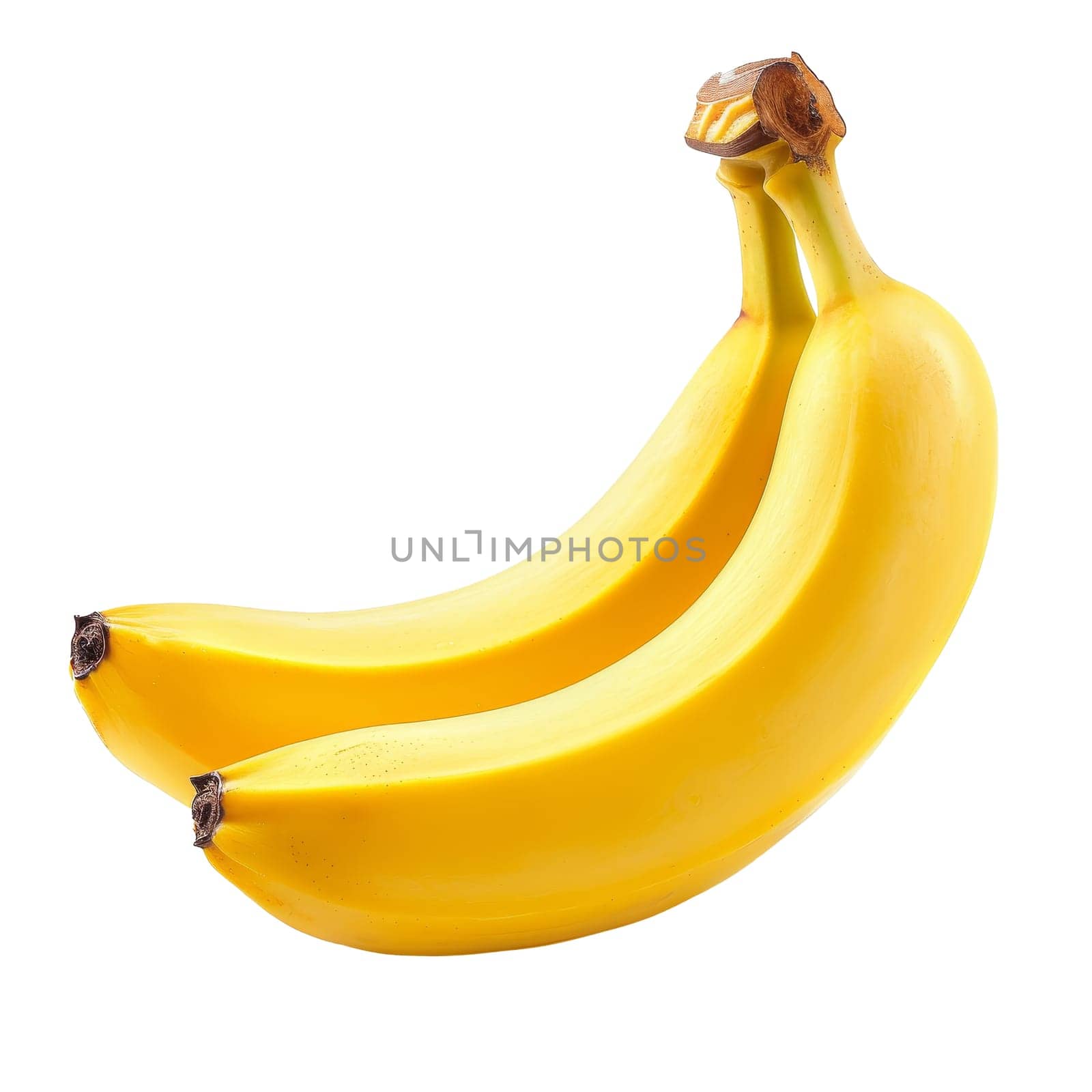 A two ripe bananas with small brown spots isolated on a transparent white background