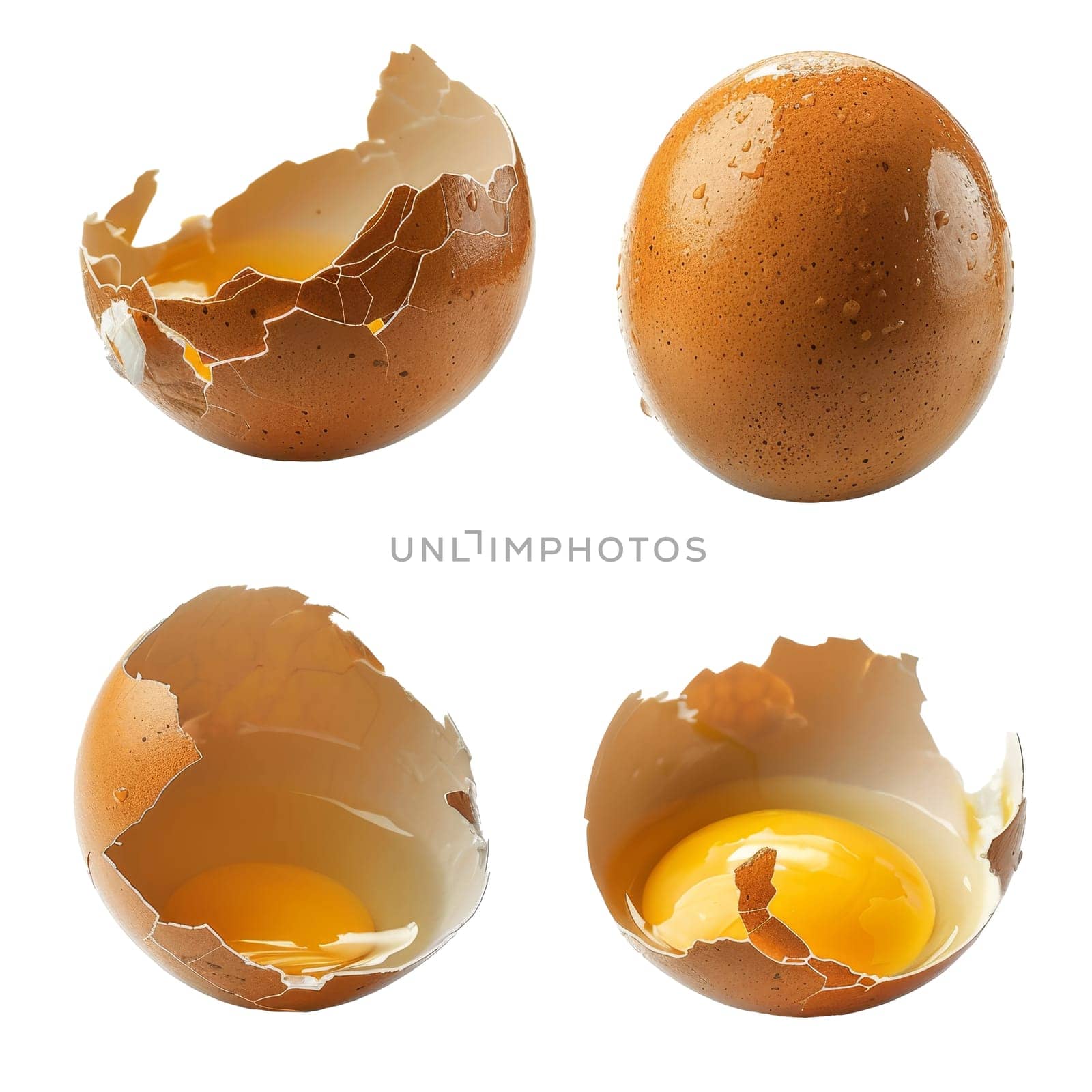 Four stages of a brown egg: whole, cracked, half shell with yolk, and broken shell with spilled yolk isolated on a transparent white background