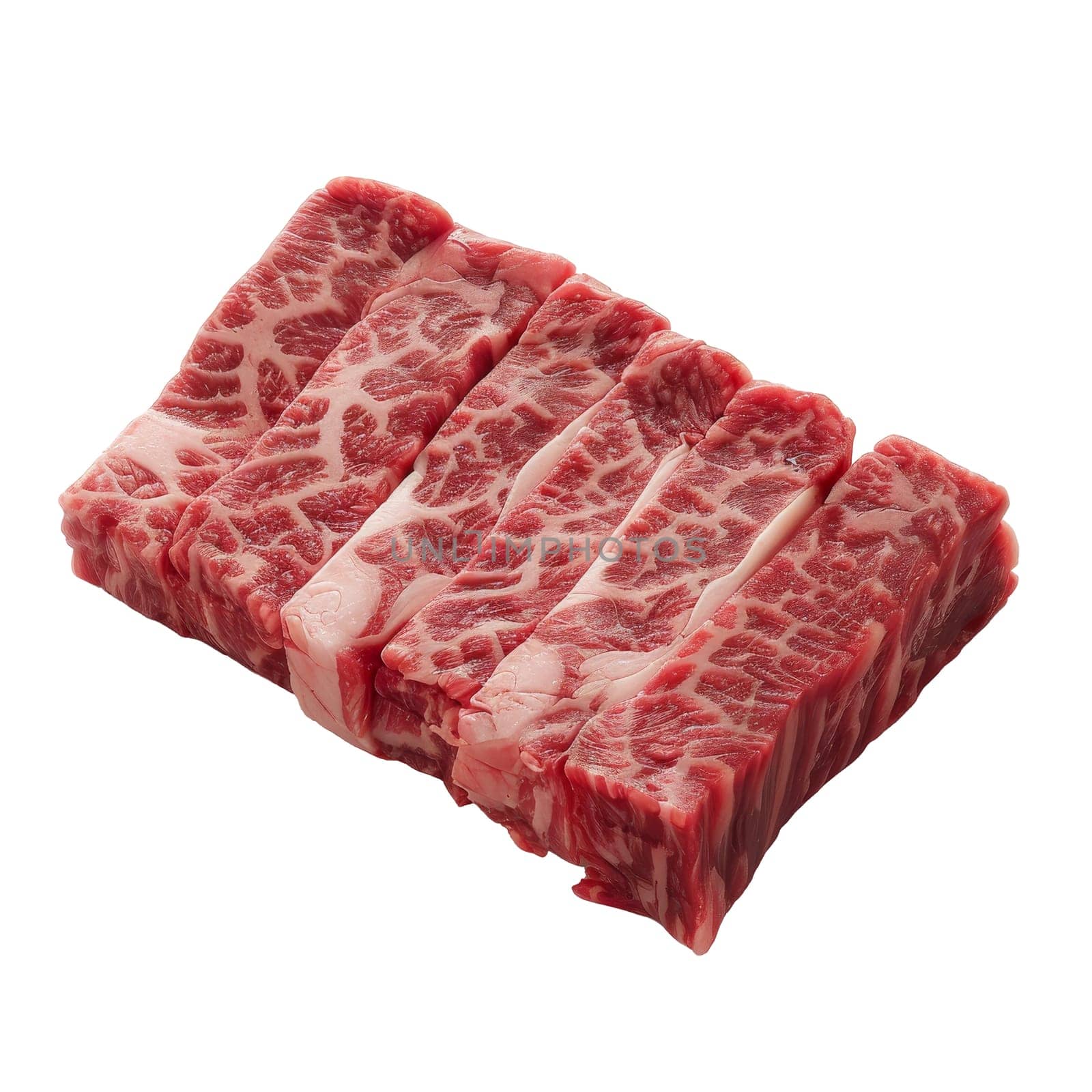 Close-up photo of four sliced pieces of raw beef stacked isolated on a transparent white background. The beef slices are various sizes and have a marbled texture