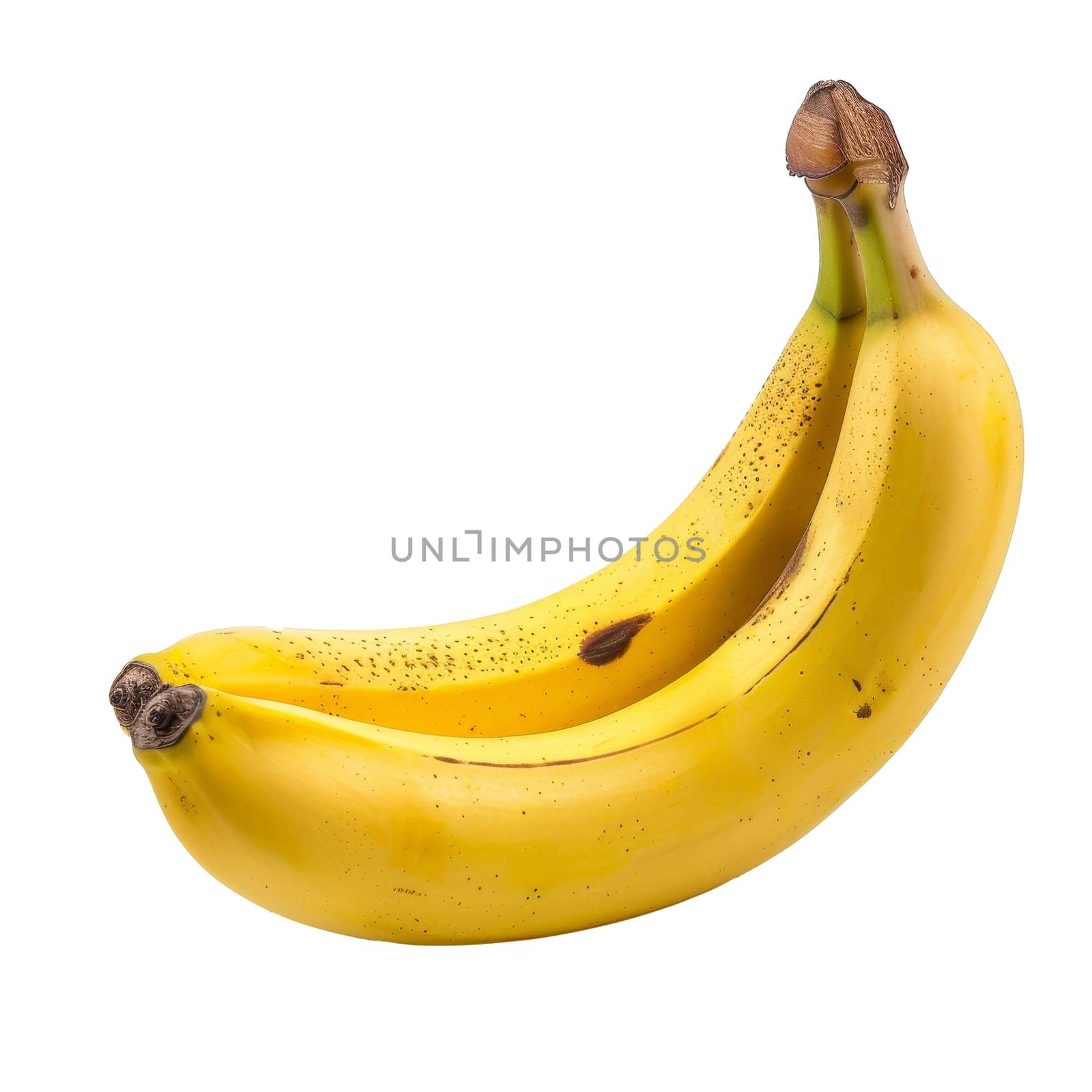 A two ripe bananas with small brown spots isolated on a transparent white background