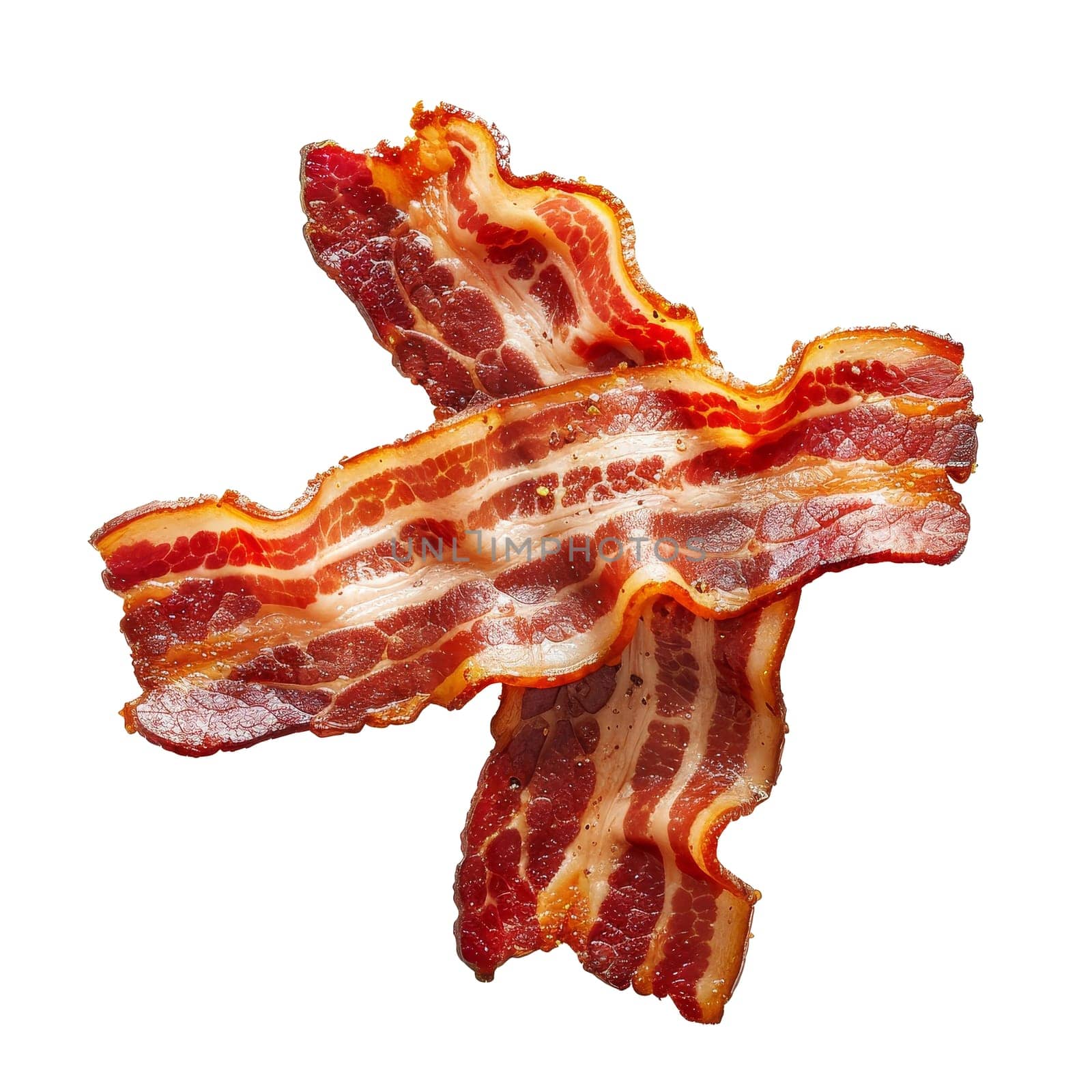 Crispy cooked bacon strips isolated on a transparent white background, showcasing their greasy texture and rich colors