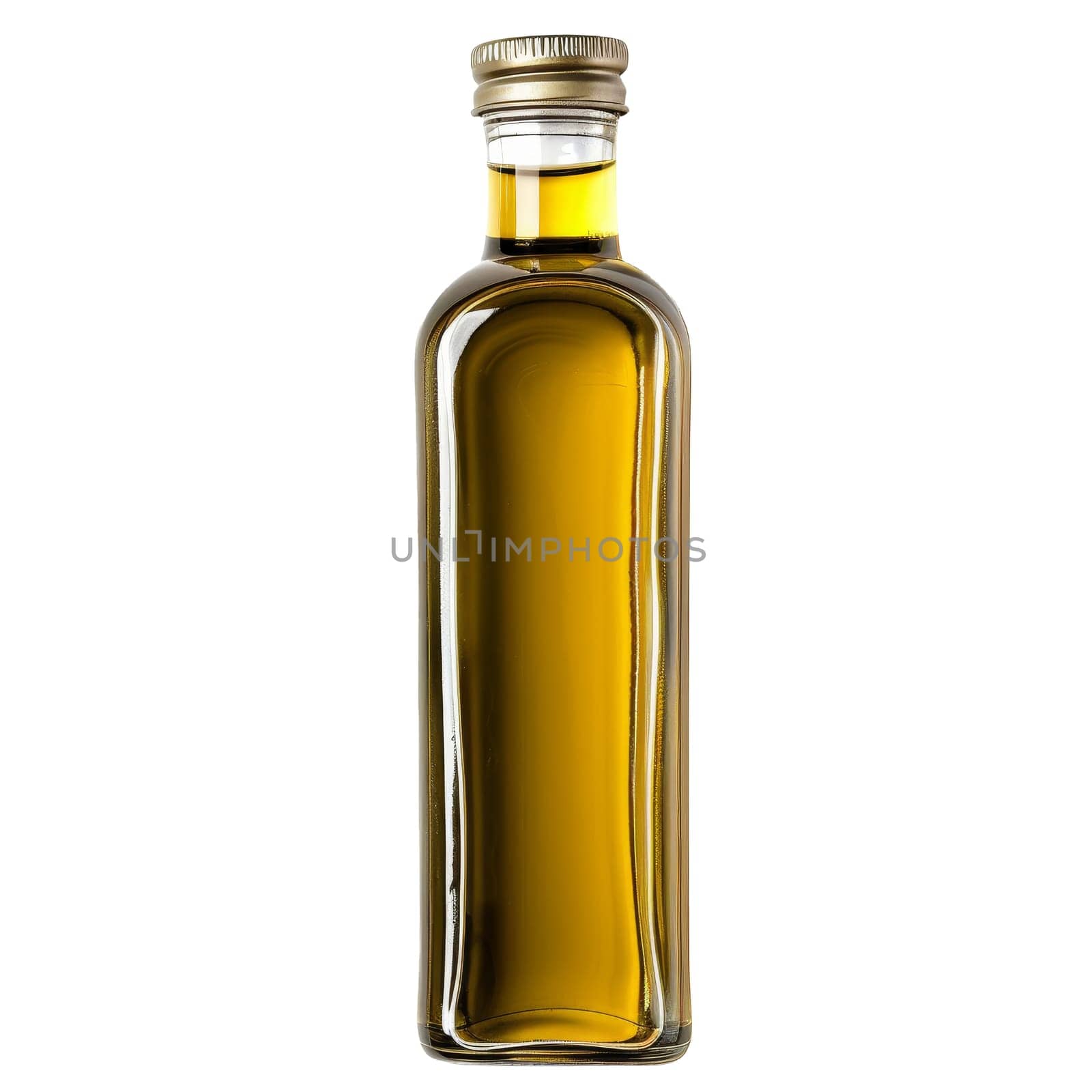 A clear glass bottle filled with golden liquid, sealed with a metal cap. Olive oil isolated on a transparent white background
