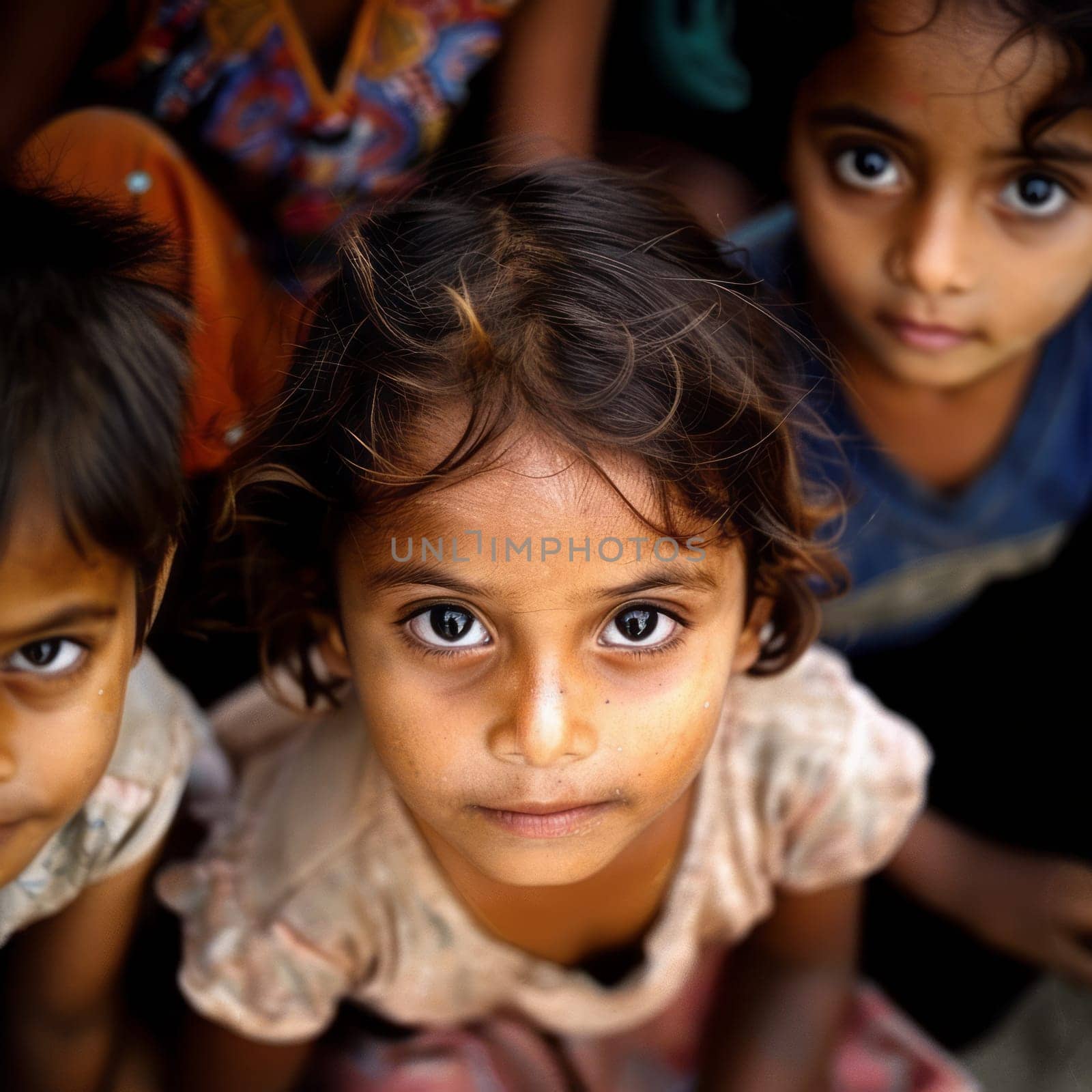 A group of children sit close to each other. Represents unity and childlike innocence