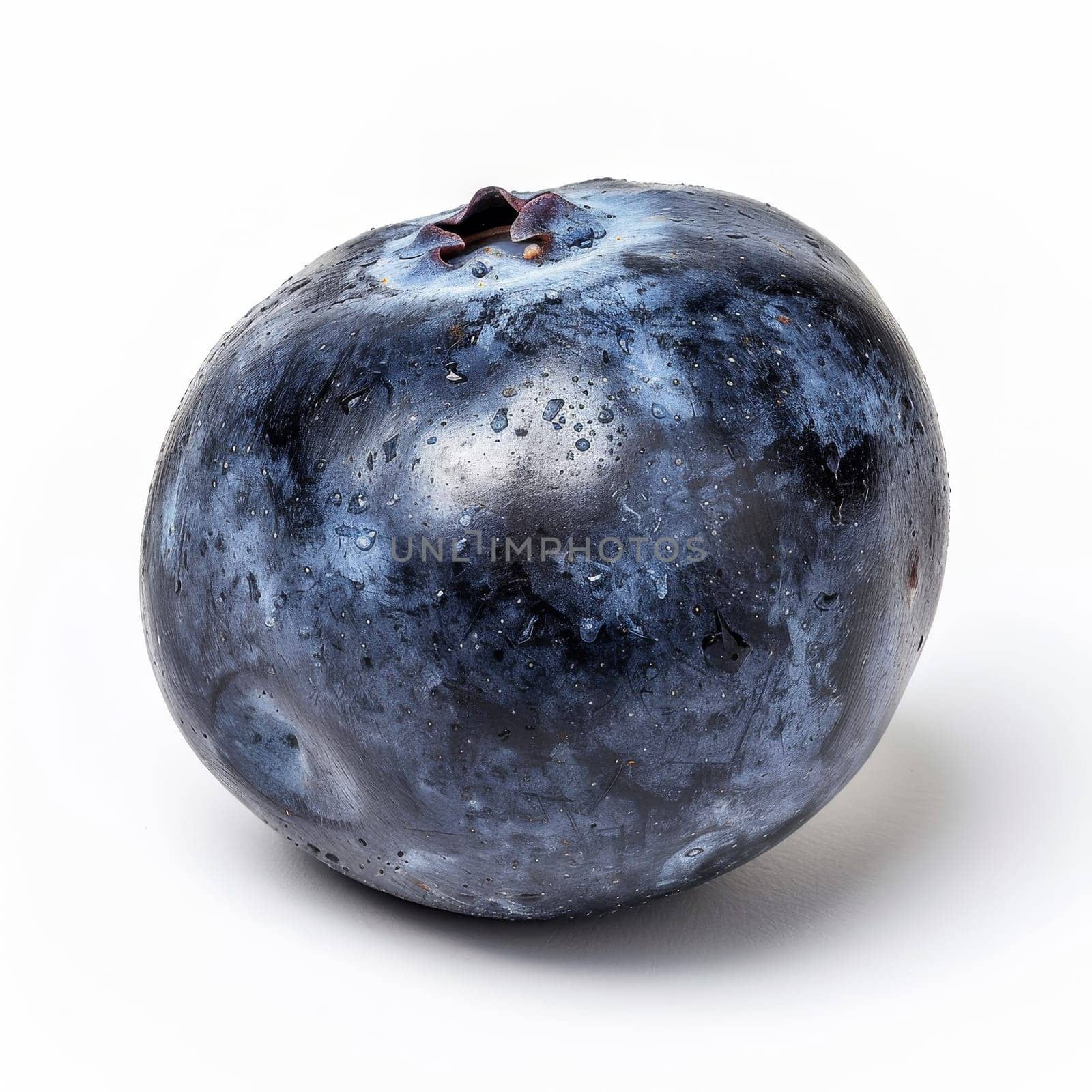 Close-up of a ripe, juicy blueberry with detailed texture and color, isolated on a white background