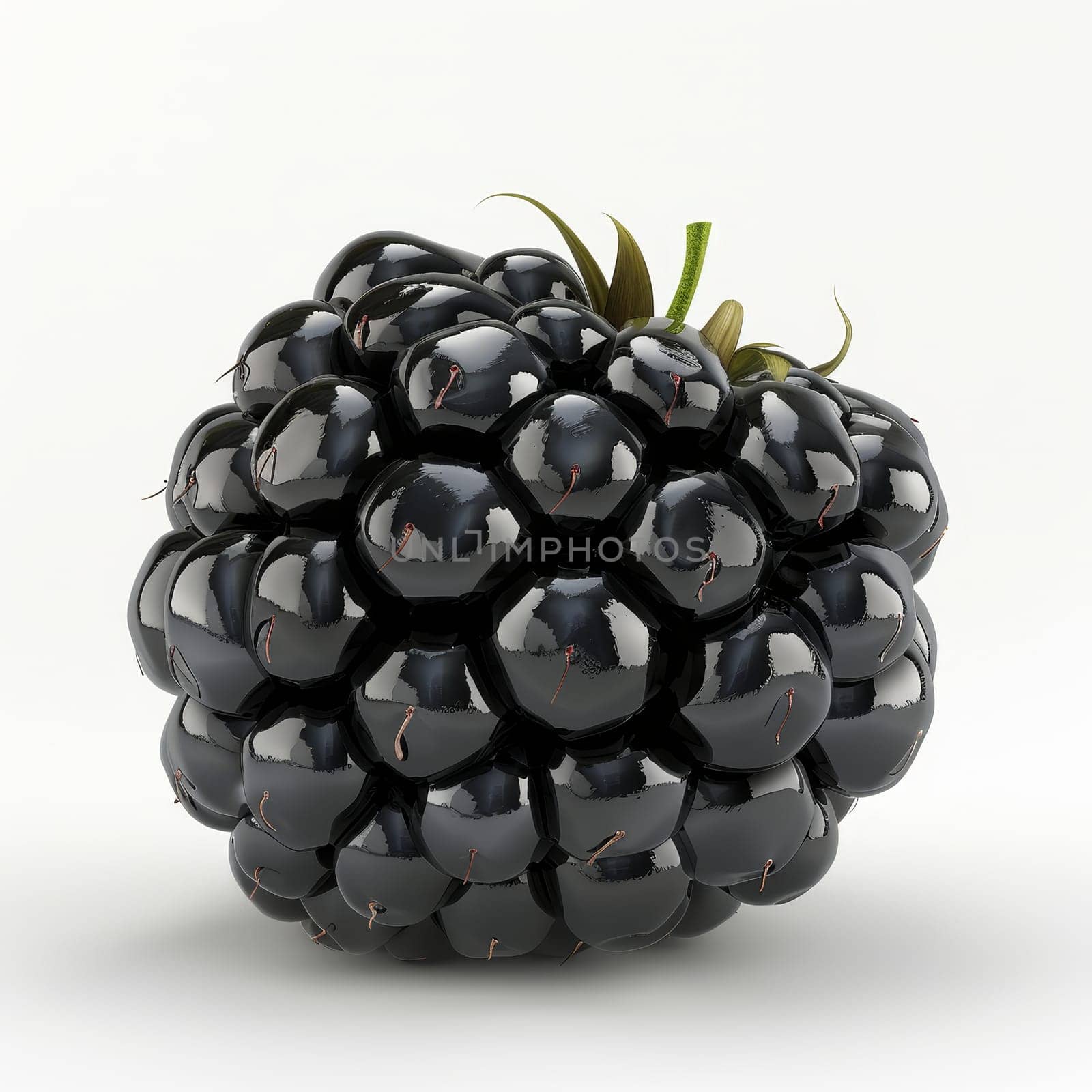A close-up of a single, ripe blackberry on a white background. The blackberry is a dark, glossy black color and has a few small bumps on its surface