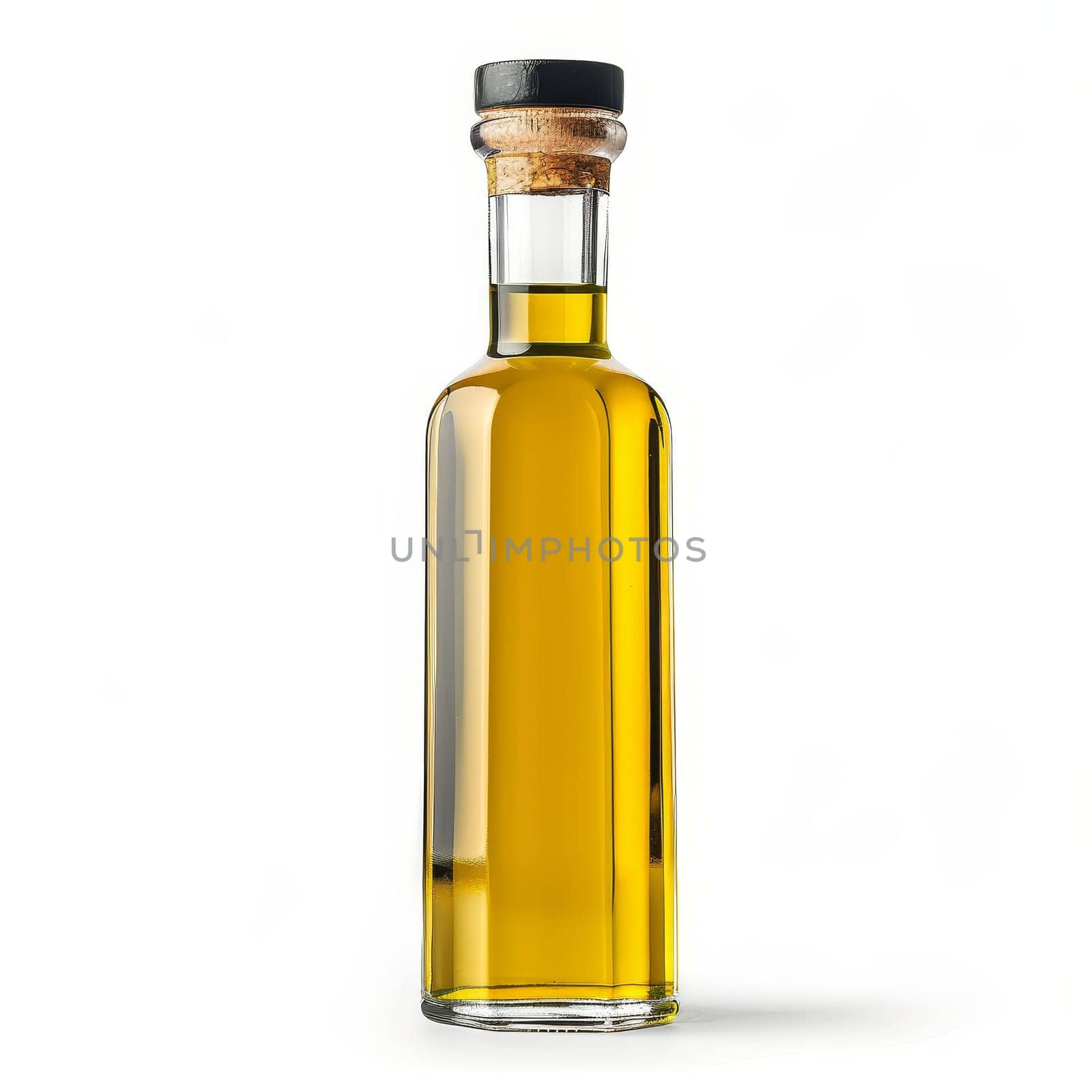 A clear glass bottle filled with light yellow olive oil rests on a white background. The bottle has a cork stopper and a label