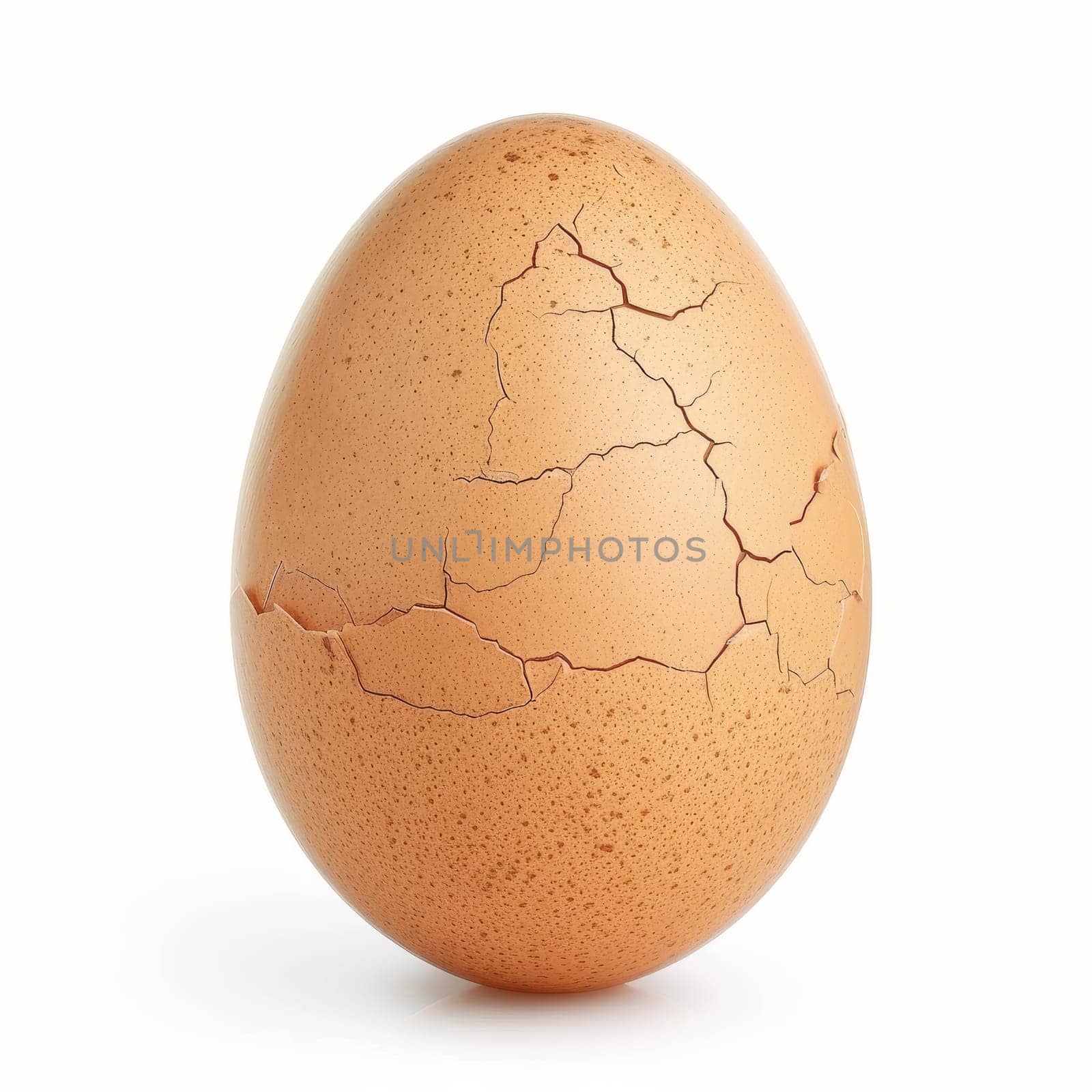 A close-up photo of a cracked brown egg on a white background. The egg has jagged cracks along its shell