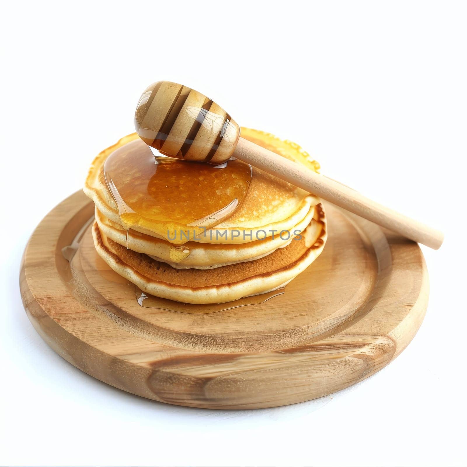 A stack of fluffy pancakes drizzled with golden syrup sits on a wooden plate. A wooden spoon rests beside the pancakes