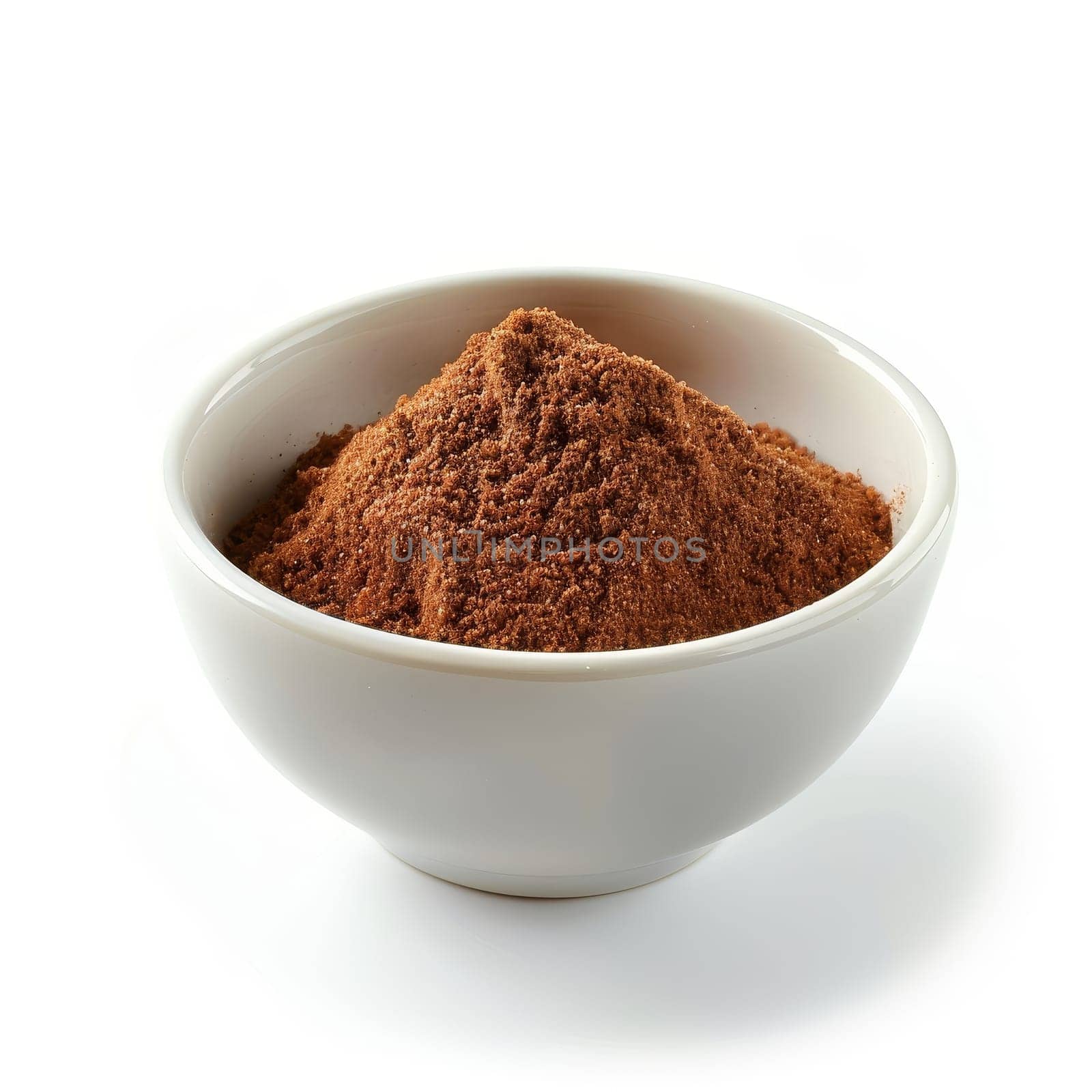 Close-up of ground cinnamon in a white bowl, isolated on a white background