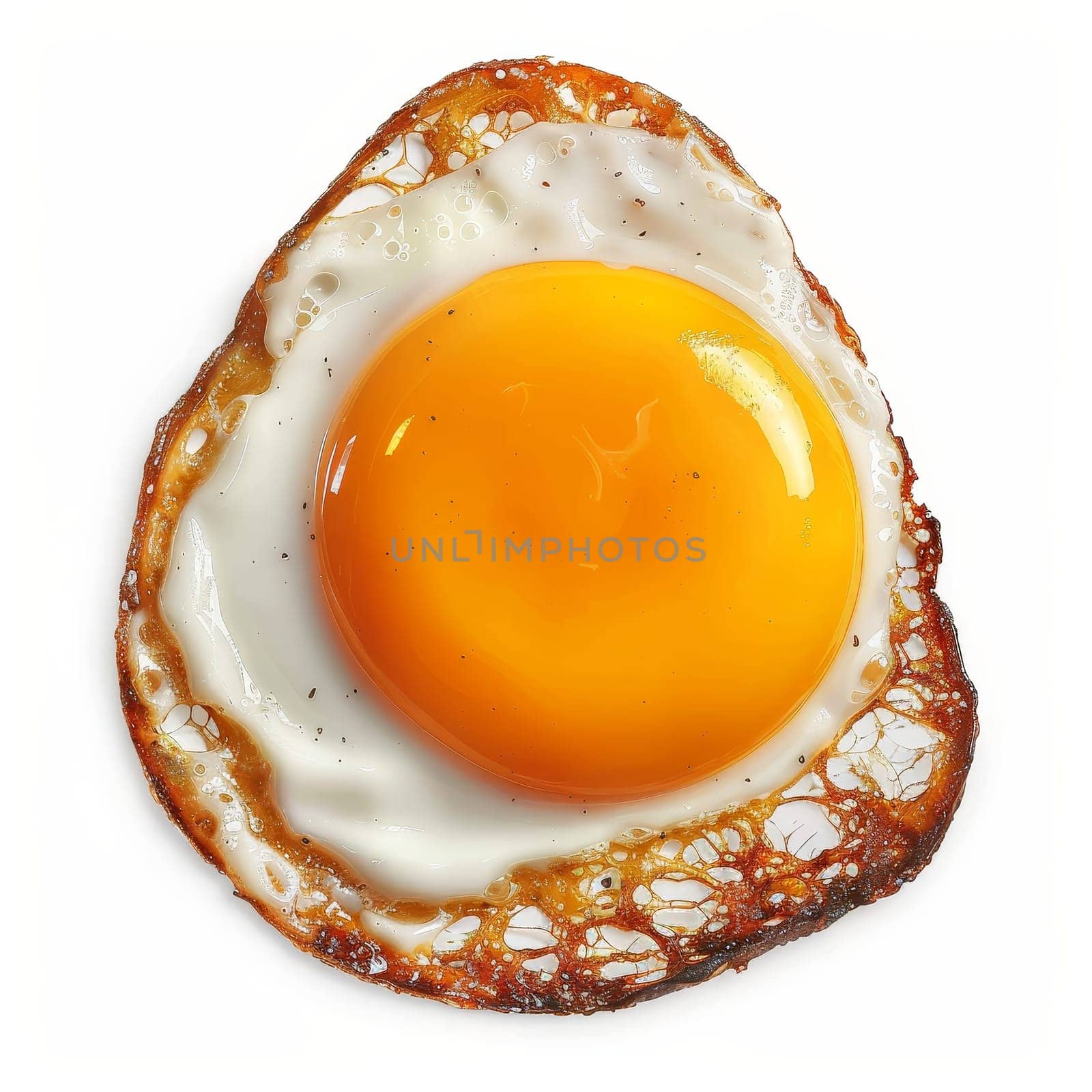 Close-up of a fried egg with a crispy edge, part of the yolk is blurred for creative effect