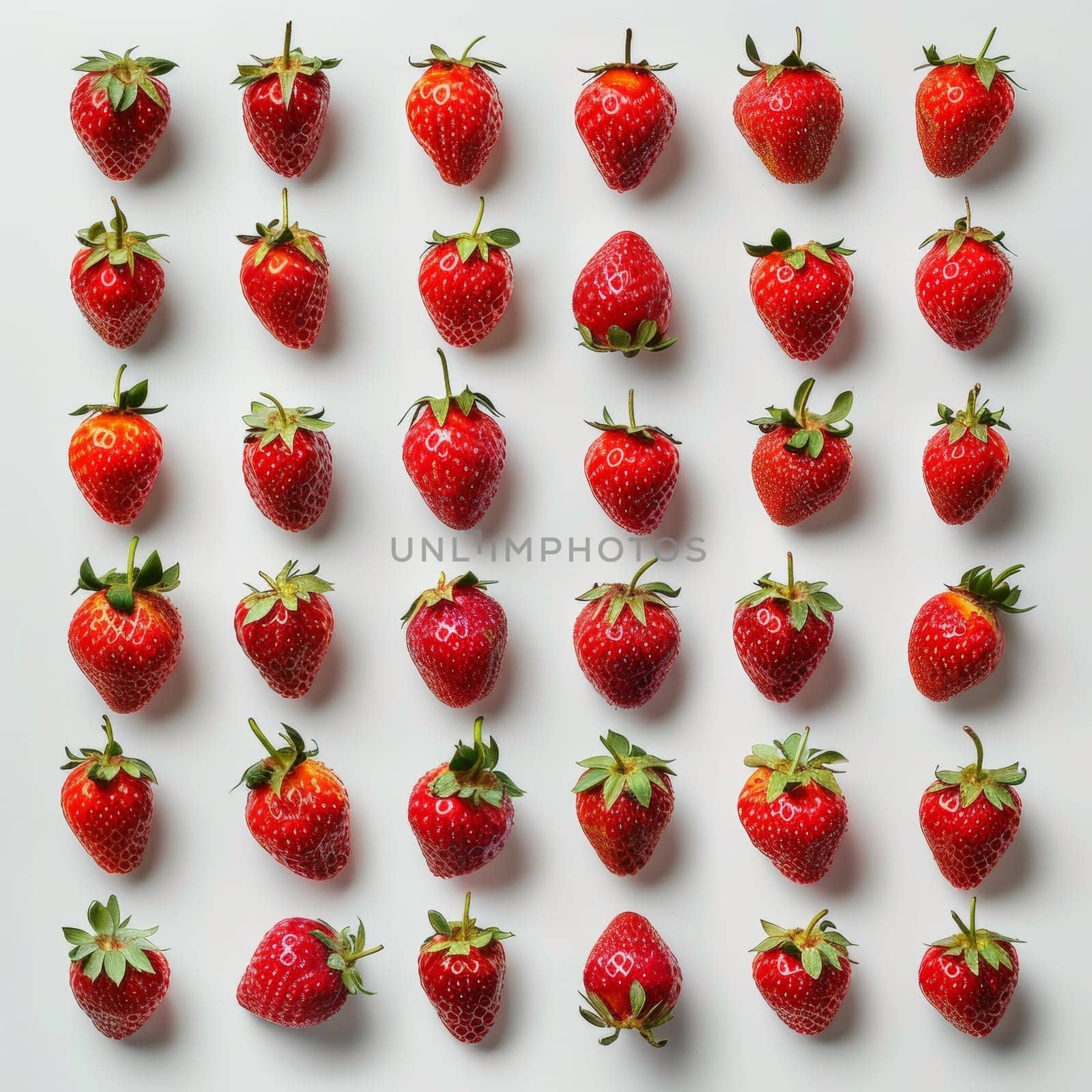 A cluster of ripe strawberries sits on a white ceramic plate. The strawberries are a bright red color with green caps and leafy stems