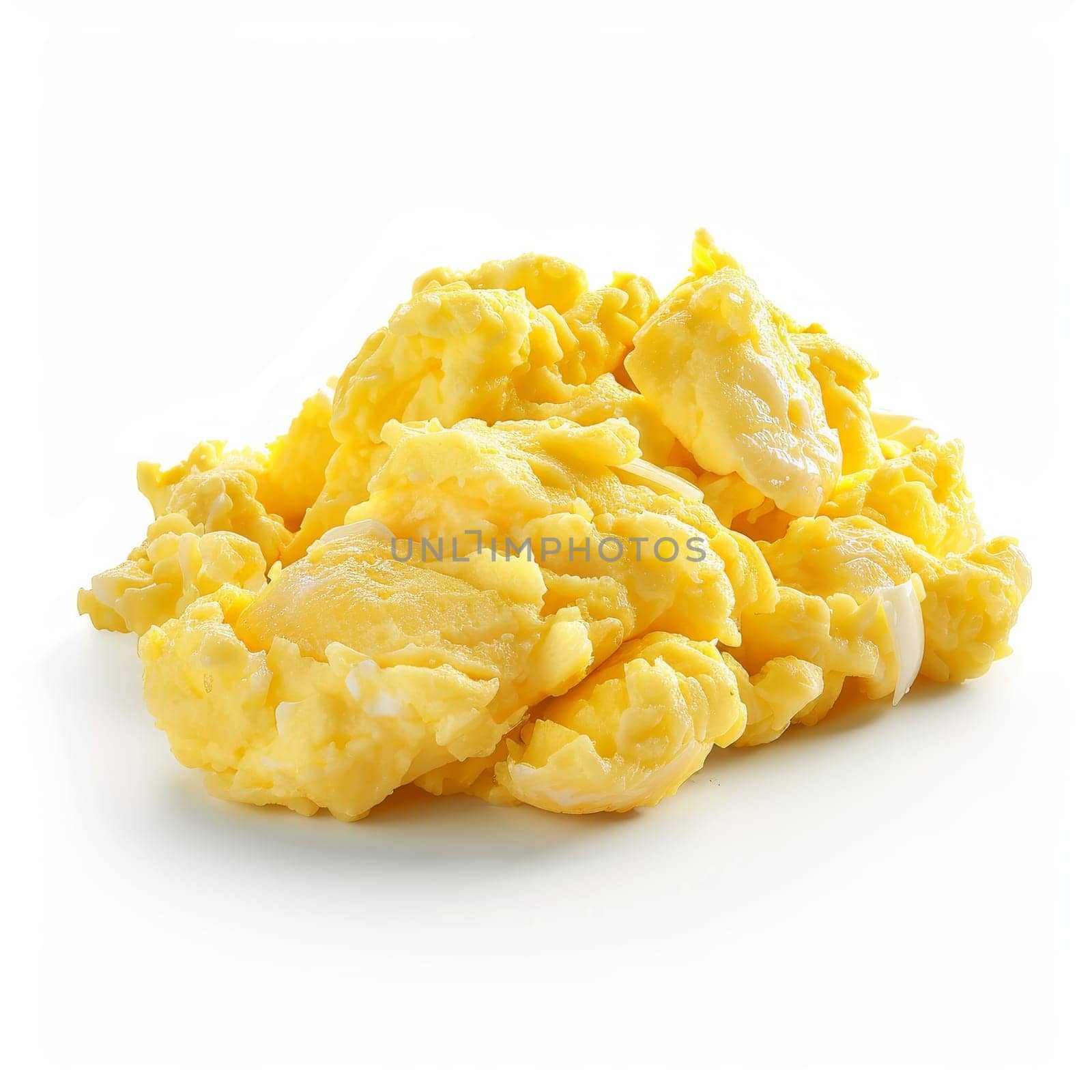 Close-up of scrambled eggs on a white background, well-cooked and fluffy