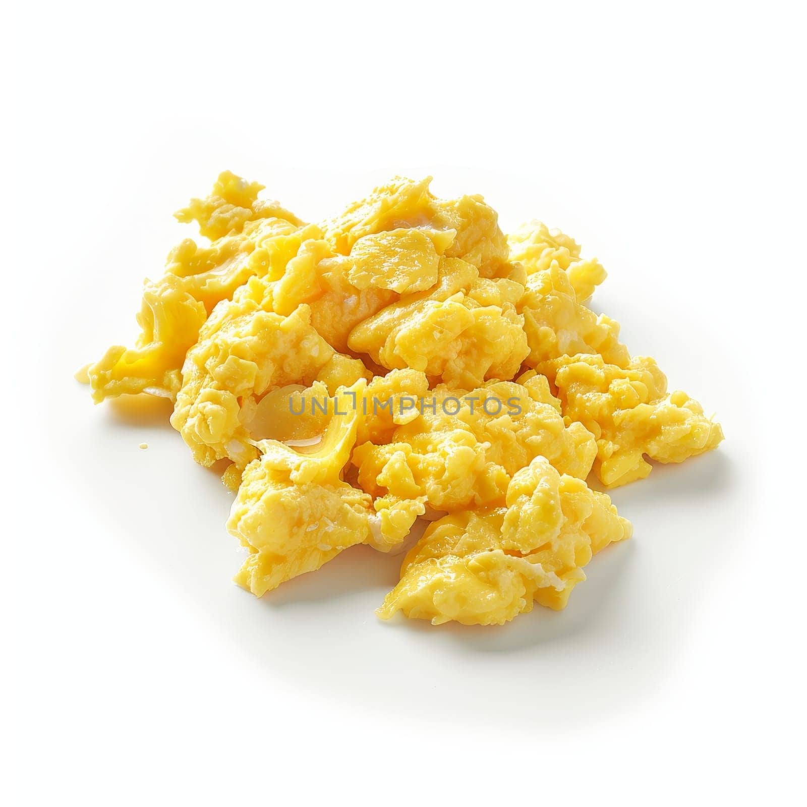 Close-up of scrambled eggs on a white background, well-cooked and fluffy