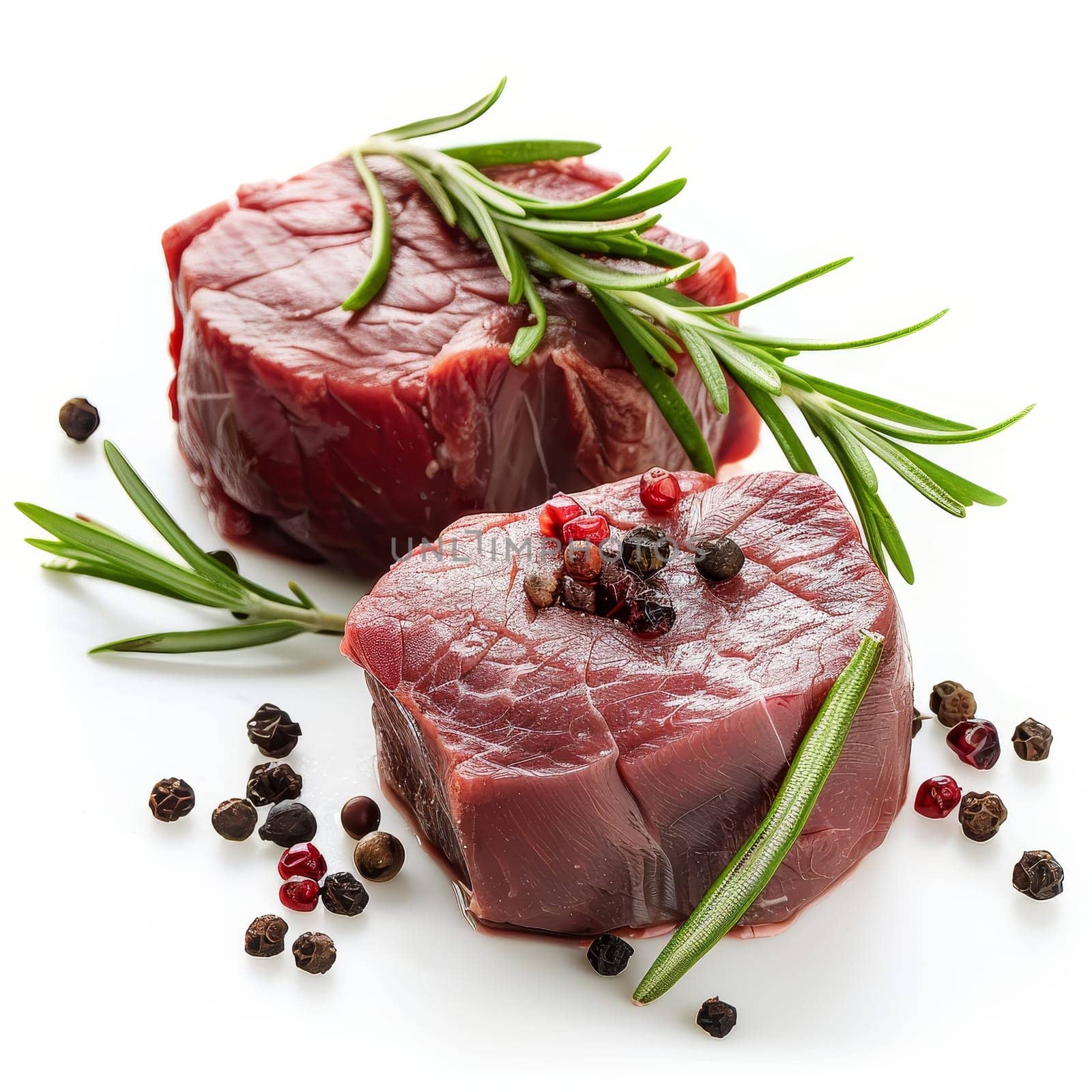 Two raw beef steaks with sprigs of rosemary and cracked black peppercorns rest on a white surface