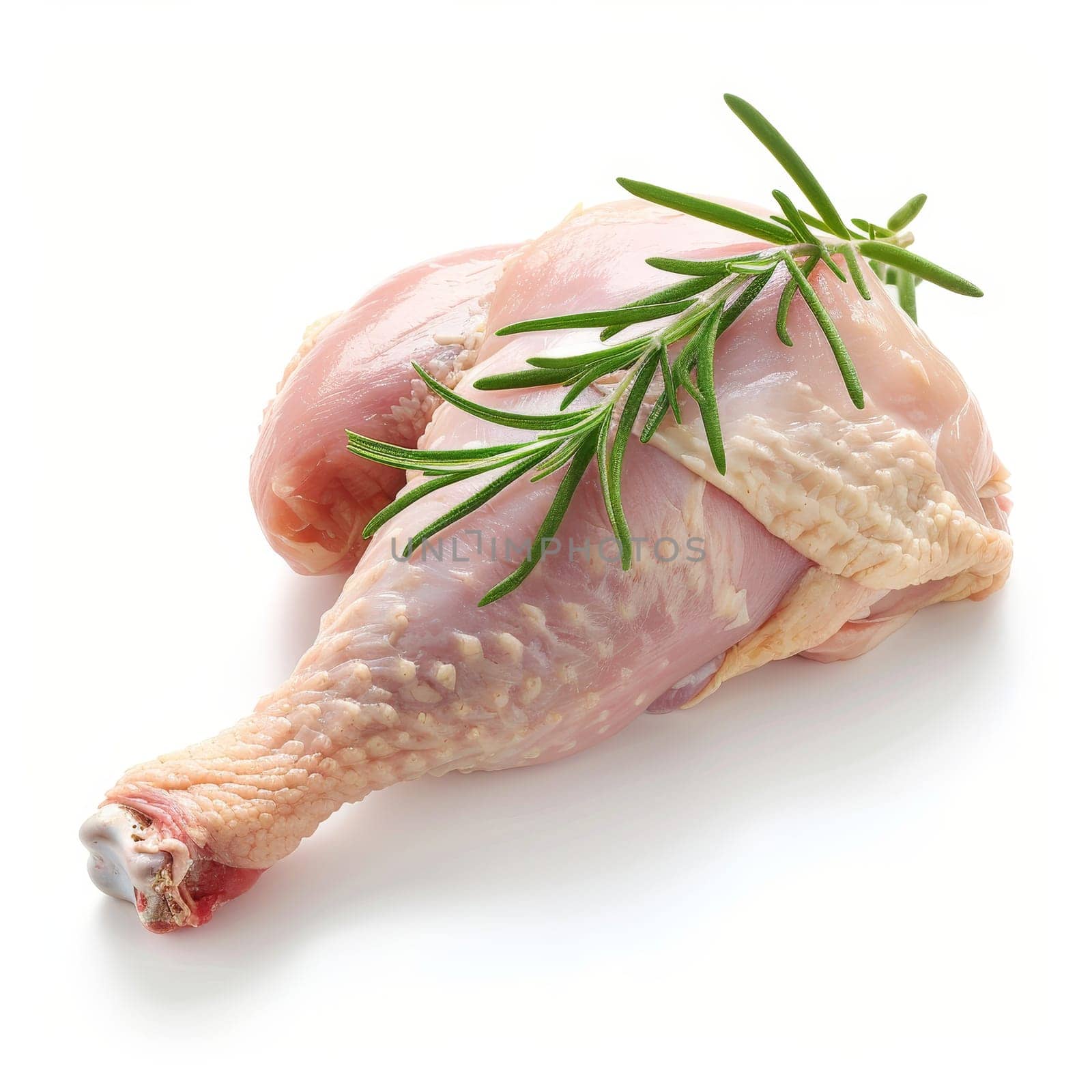 A close-up photo of a raw chicken leg with rosemary sprigs tucked underneath. The chicken leg has smooth, pink skin and rests on a white background