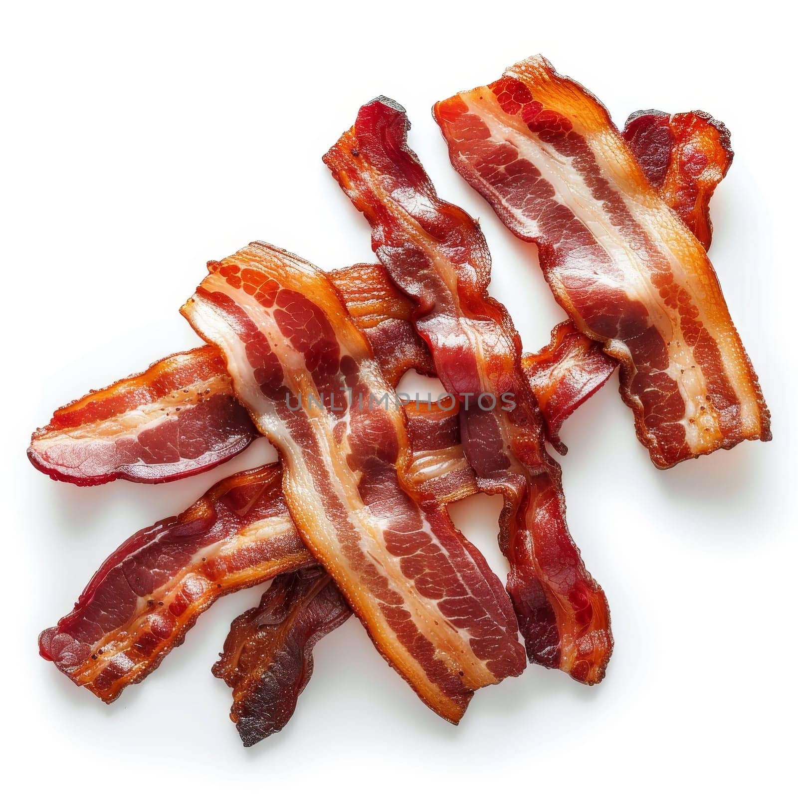 Crispy fried bacon strips isolated on a white background, top view