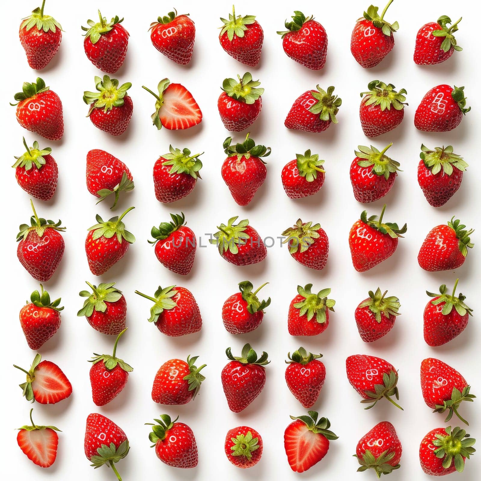 A cluster of ripe strawberries sits on a white ceramic plate. The strawberries are a bright red color with green caps and leafy stems