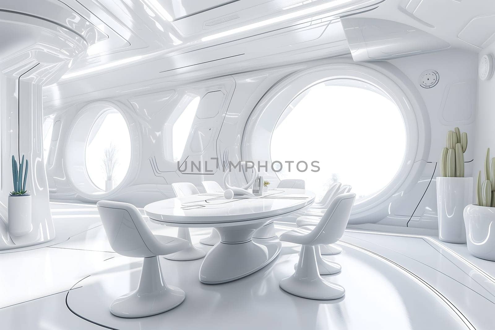 futuristic clean white space station style interior of dining room. Neural network generated image. Not based on any actual scene or pattern.