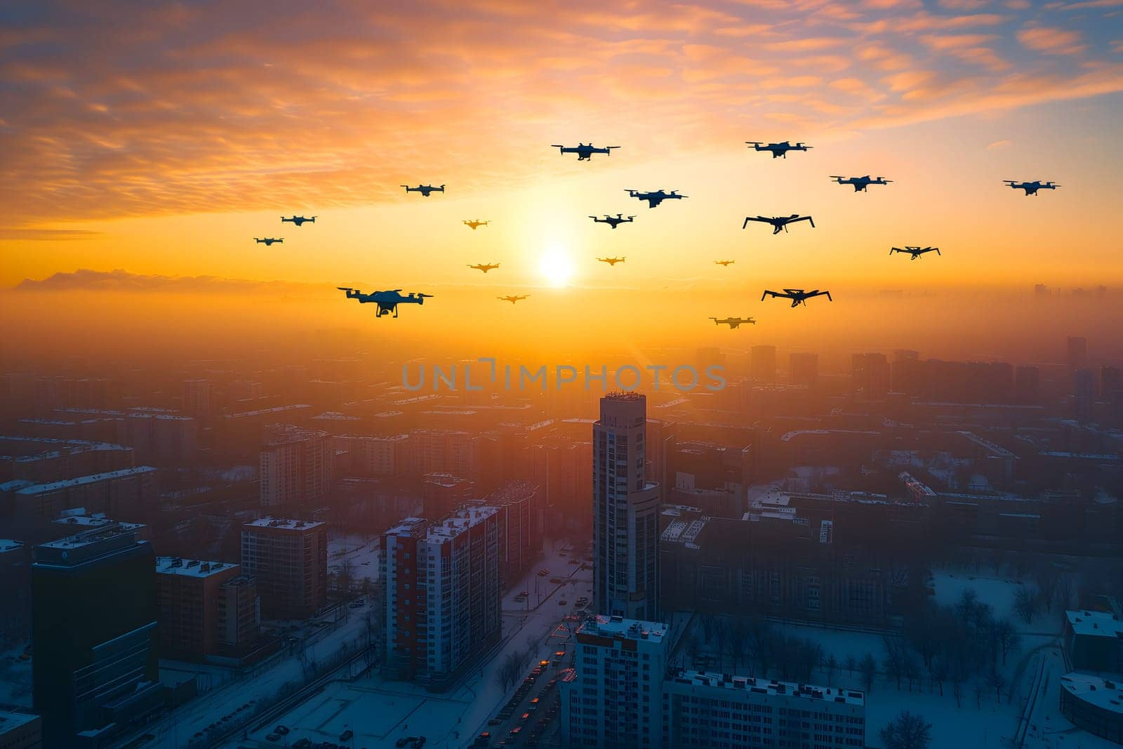 group of drones over city at winter sunset or sunrise. Neural network generated image. Not based on any actual scene or pattern.