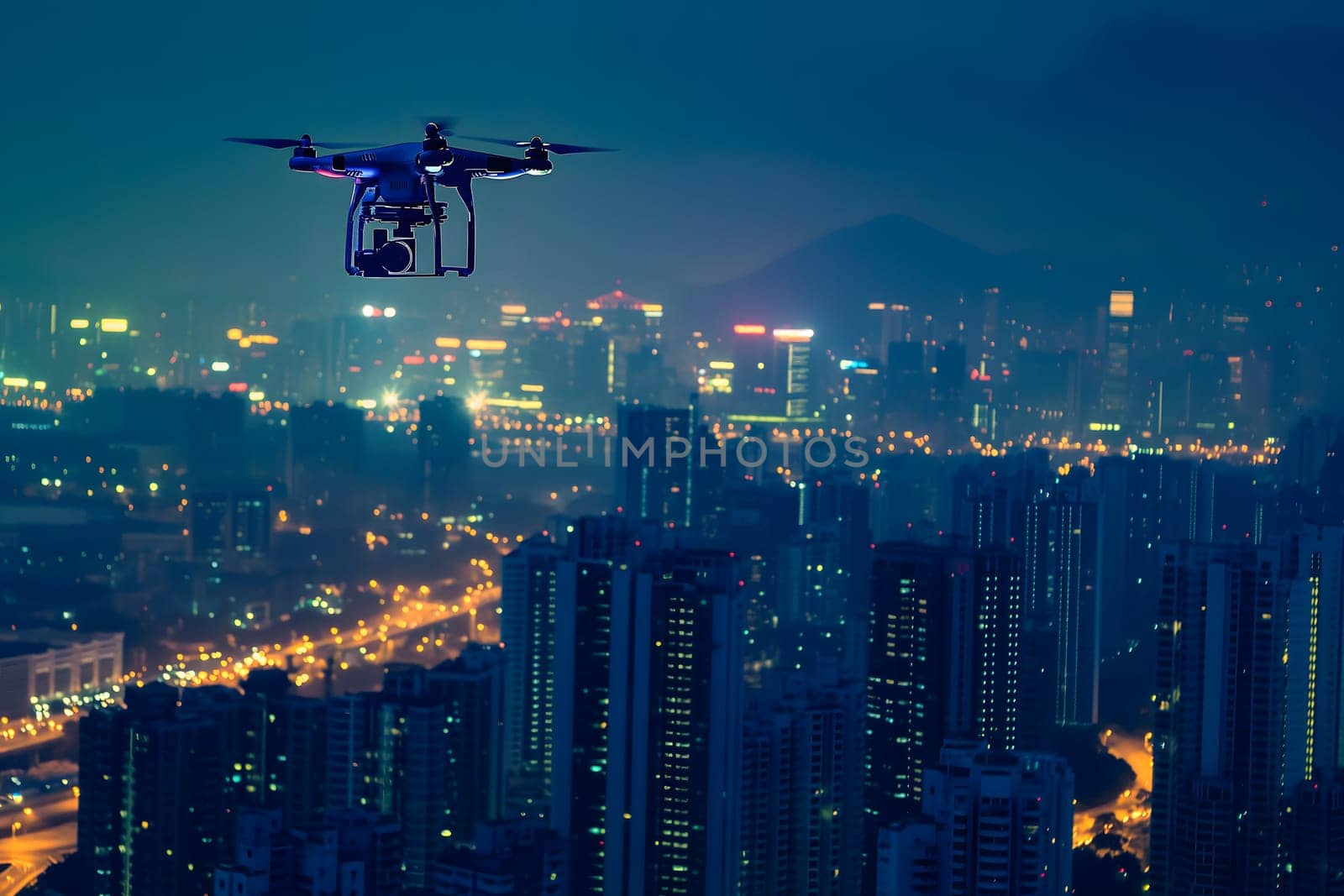 Drone above the city at summer night. Neural network generated image. Not based on any actual scene or pattern.