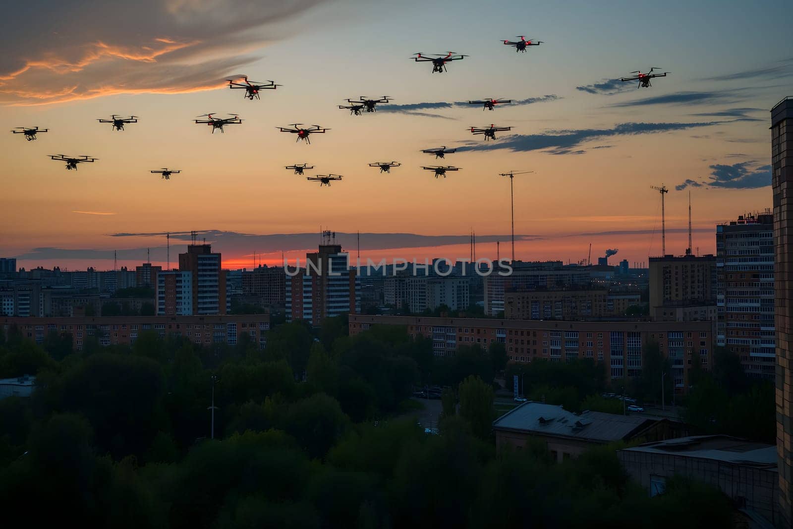 Group of drones over city at summer morning. Neural network generated image. Not based on any actual scene or pattern.