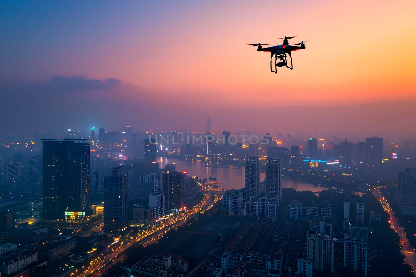 Flying drone above the city at summer morning. Neural network generated image. Not based on any actual scene or pattern.