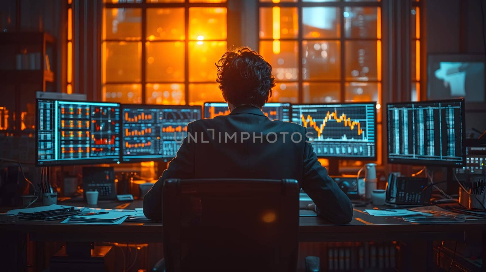 Back view of a financial analyst day trader working on computer with many screens that shows real-time stock data. Neural network generated image. Not based on any actual scene or pattern.