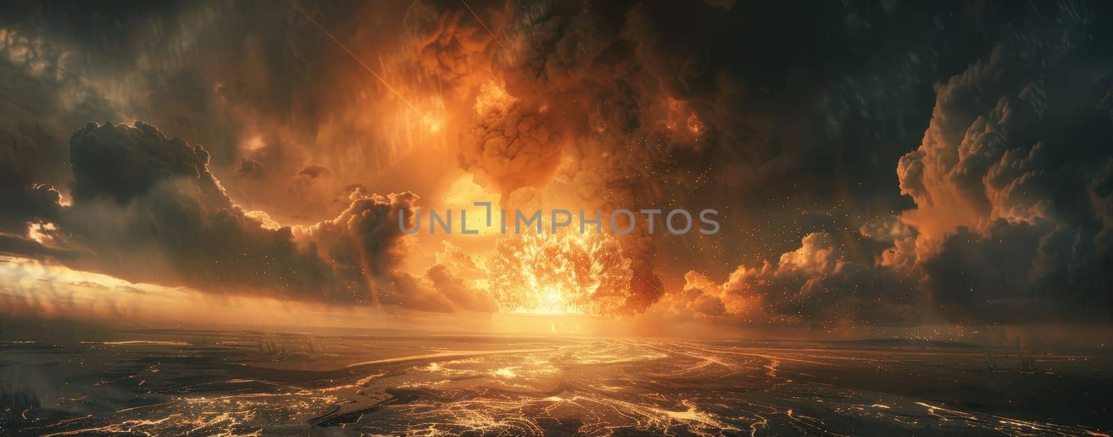 A dramatic nuclear explosion illuminates a dark, cloudy sky over a serene, misty field at dusk