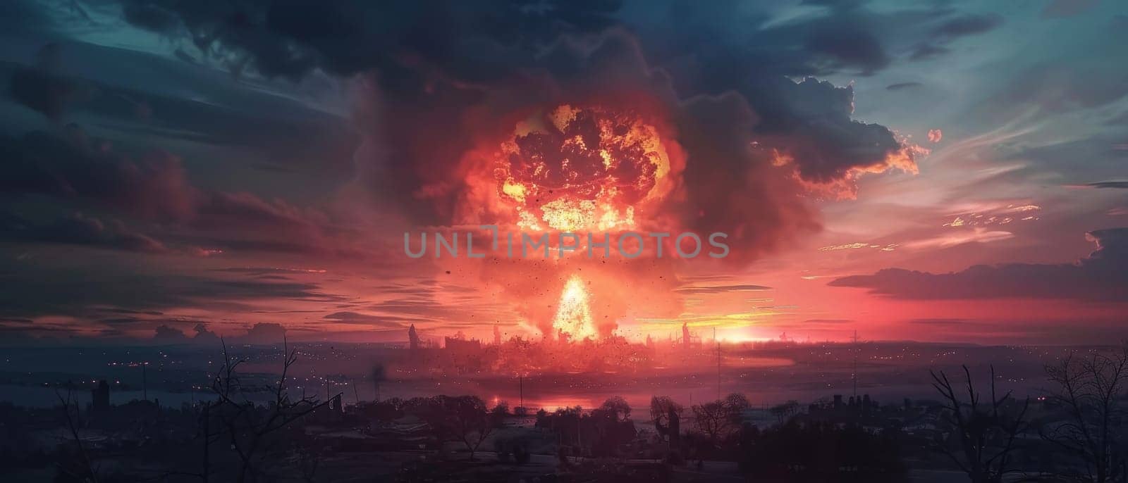A dramatic nuclear explosion illuminates a dark, cloudy sky over a serene, misty field at dusk