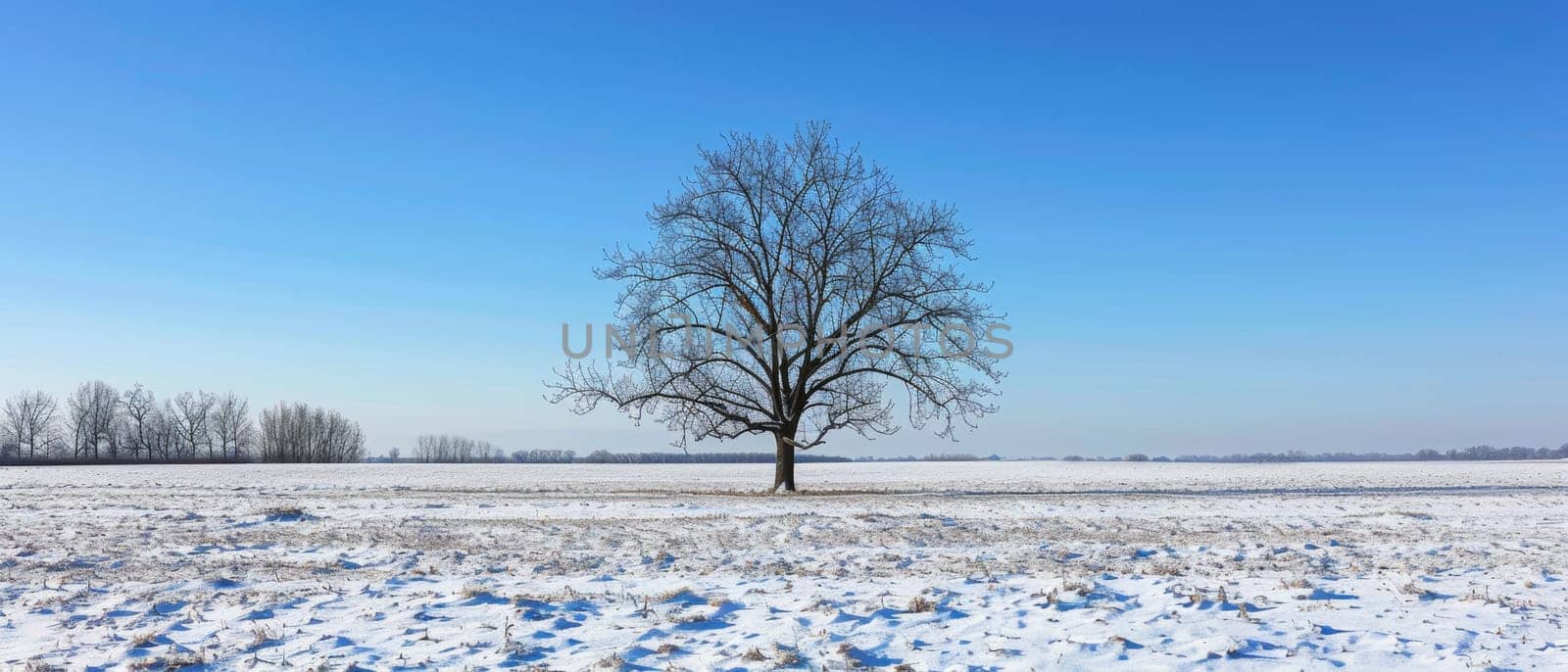 A solitary tree stands amidst a vast snowy landscape, under the clear blue sky, exuding calm and serenity