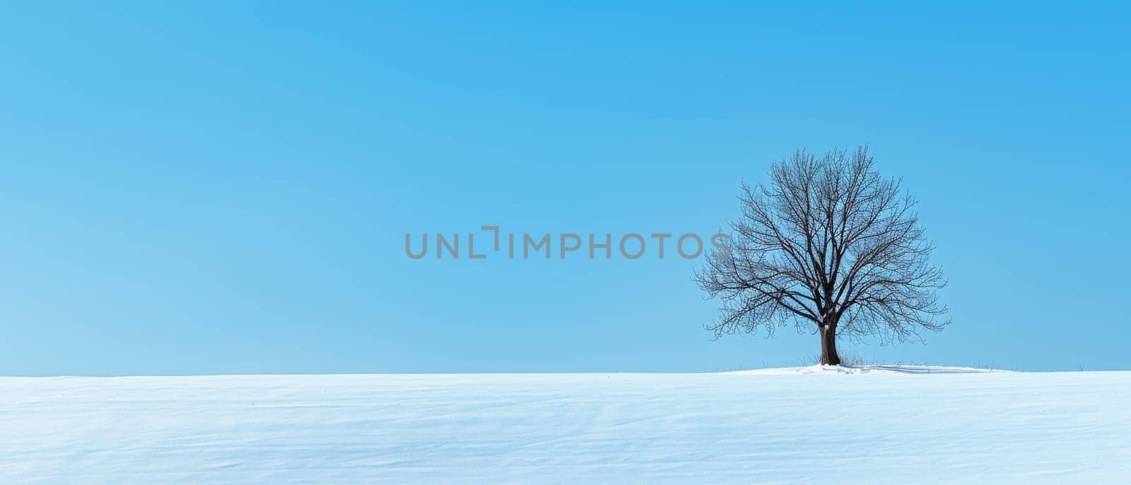 A solitary tree stands amidst a vast snowy landscape, under the clear blue sky, exuding calm and serenity