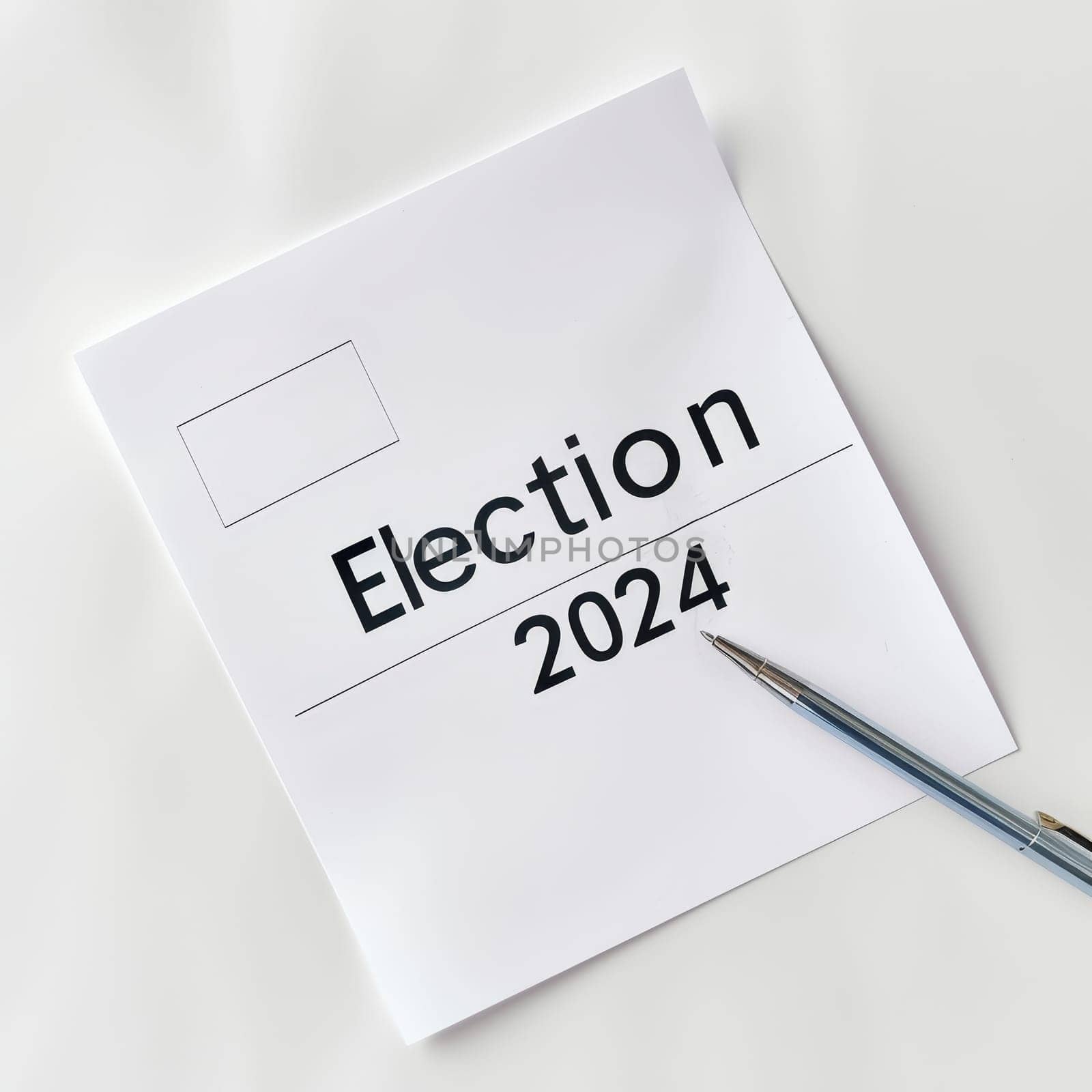 A piece of paper with the word Election 2024 written in black ink and a blue pen resting beside it