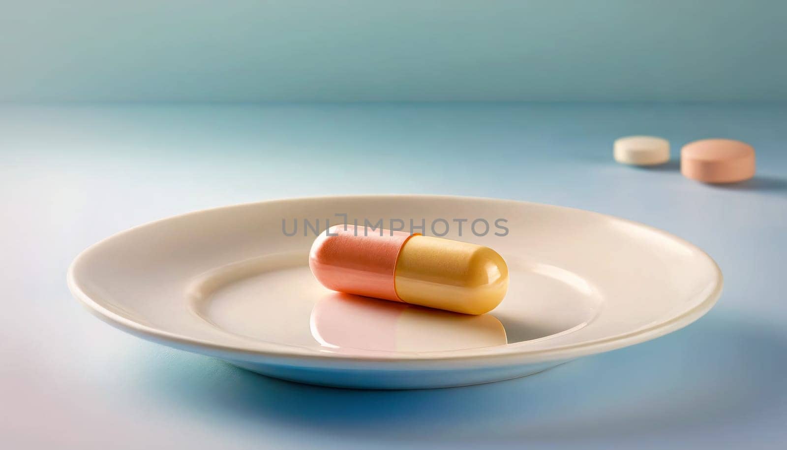 A vitamin capsule on an empty plate minimalist background. Medical pills and multivitamins as food supplements. Nutrition and dietary concept