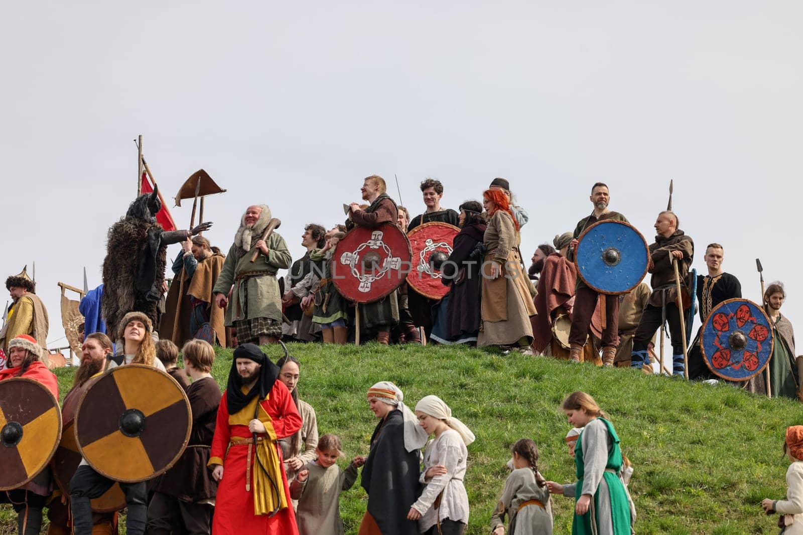 Krakow, Poland - April 11, 2023: Unidentified participants of Rekawka - Polish tradition, celebrated in Krakow on Tuesday after Easter. Currently has the character of festival historical reconstruction