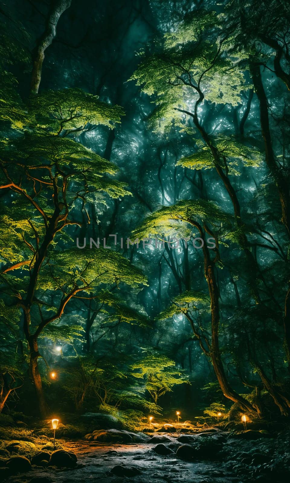 Moonlit Forest Glade. Amidst ancient trees, a moonbeam illuminates a hidden glade. Dew-kissed mushrooms glow softly, and fireflies dance in the night. Ethereal beauty of this mystical meeting place.