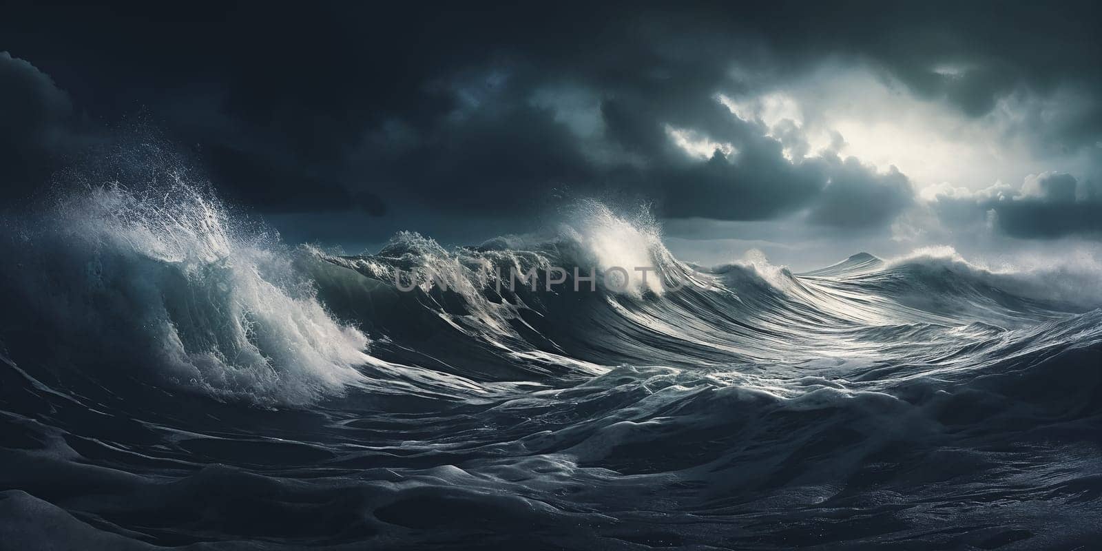 Stormy sea under dark clouds with lightning crashing waves. Turbulent waters reflect a sense of power and danger. Generative AI.